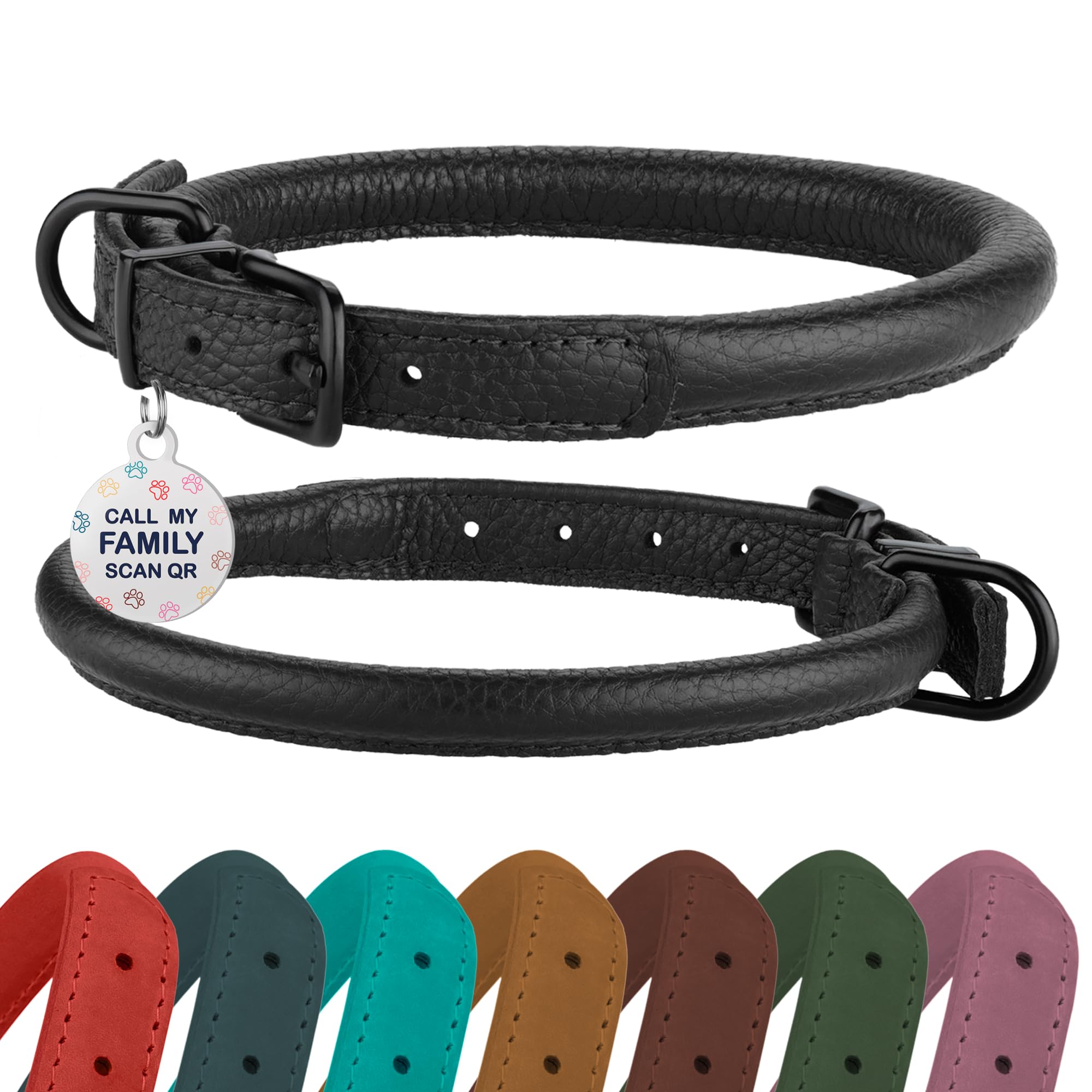Rolled Leather Dog Collar Soft Round Collars, Id Tag For Small Medium Large Dogs (19-22 Inch, Black Midnight & Black Buckle)