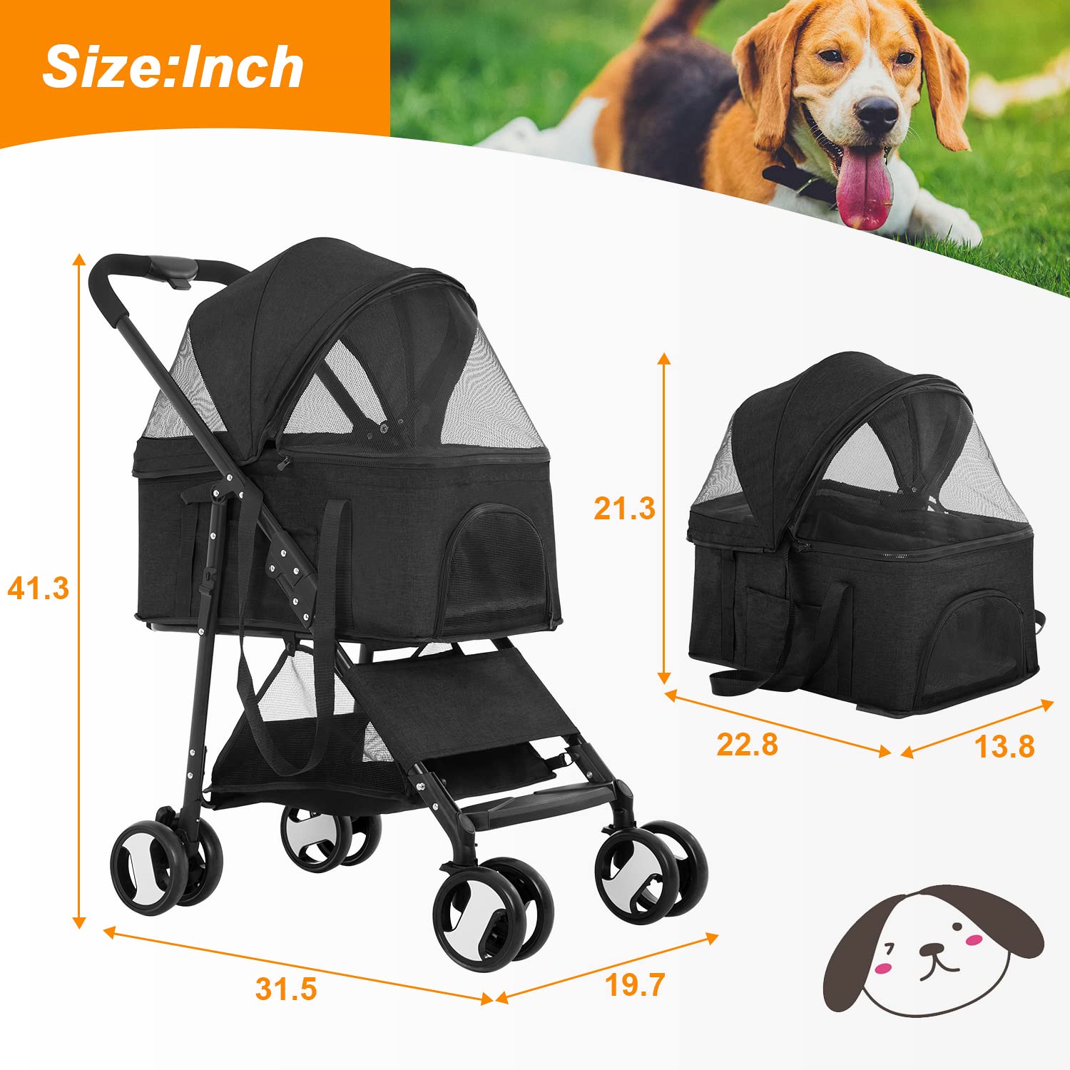 BestPet Pet Dog Stroller with Premium 3-in-1 Multifunction & Detachable Carrier for Folding Lightweight Cat Travel Stroller,Blac