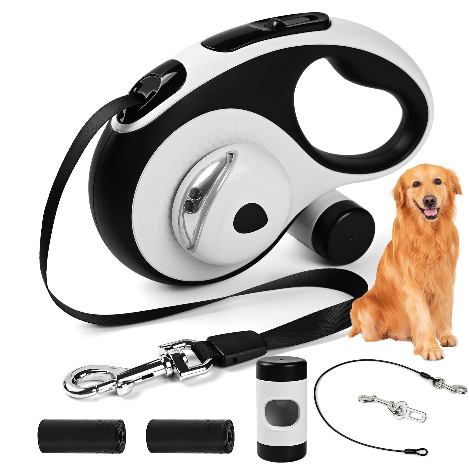ODRIEW Retractable Dog Leash for Large Dogs, 16ft Heavy Duty-for Dog up to 110lbs, with Chew Proof Cable, LED Light, Dispenser, 