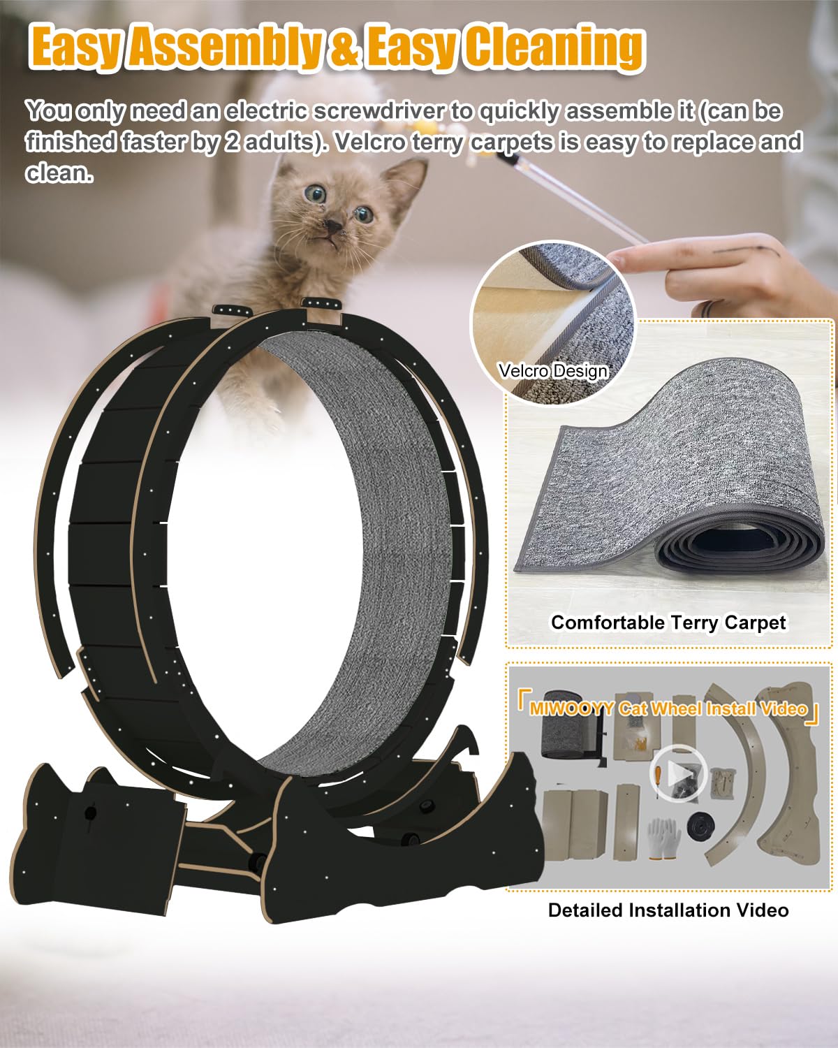 Large Cat Exercise Wheel 46 inch - Black Solid Wood Kitten Wheel Exerciser for Indoor Cats, Safety Cat Treadmill with Lock & Min