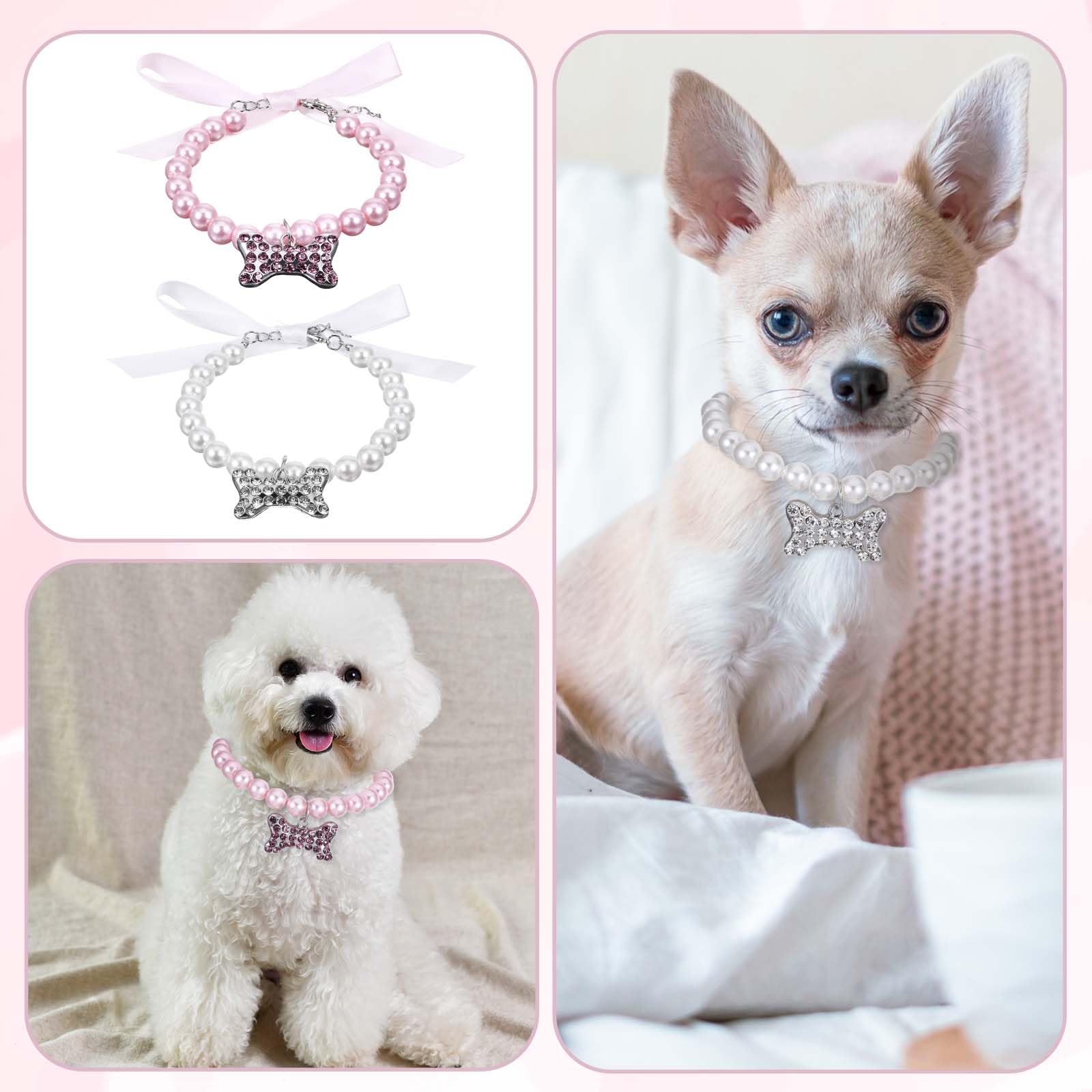 Dimeho 2 Pcs Dog Pearls Necklace Jewelry With Rhinestone Bone Puppy Cute Pet Collars Necklace Bling Fancy Cat Wedding Collar Jew
