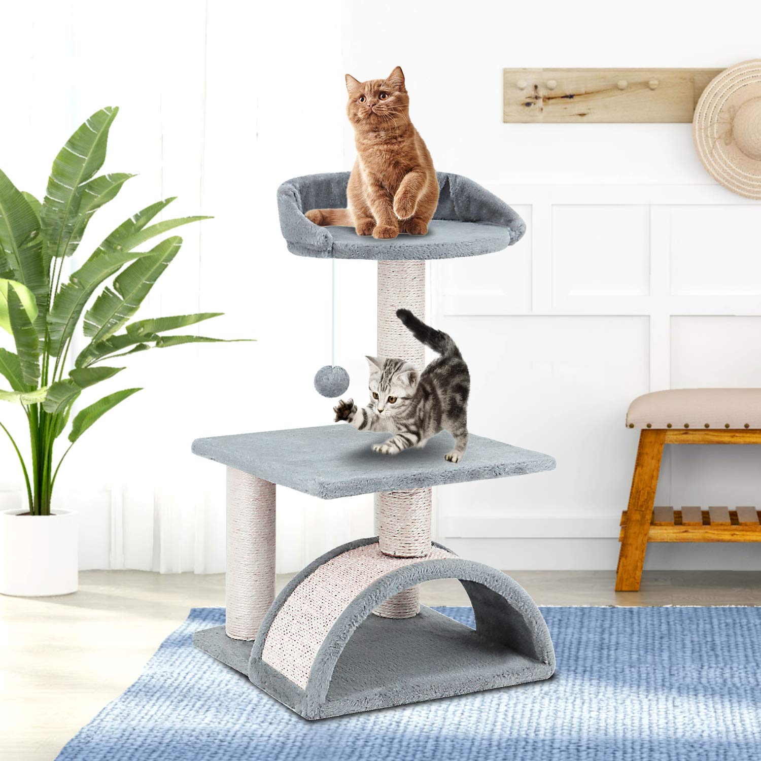 Tree Condo With Scratching Post, Cat Tower Pet Play House With Toy,24.4 Inch(62Cm), Grey