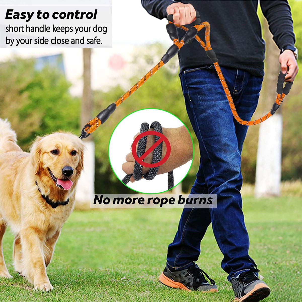 JSXD Heavy Duty Double Handle Dog Leash - 5 FT with Comfortable Padded & Reflective Rope for Small, Medium, Large Dogs (Rope-Ora