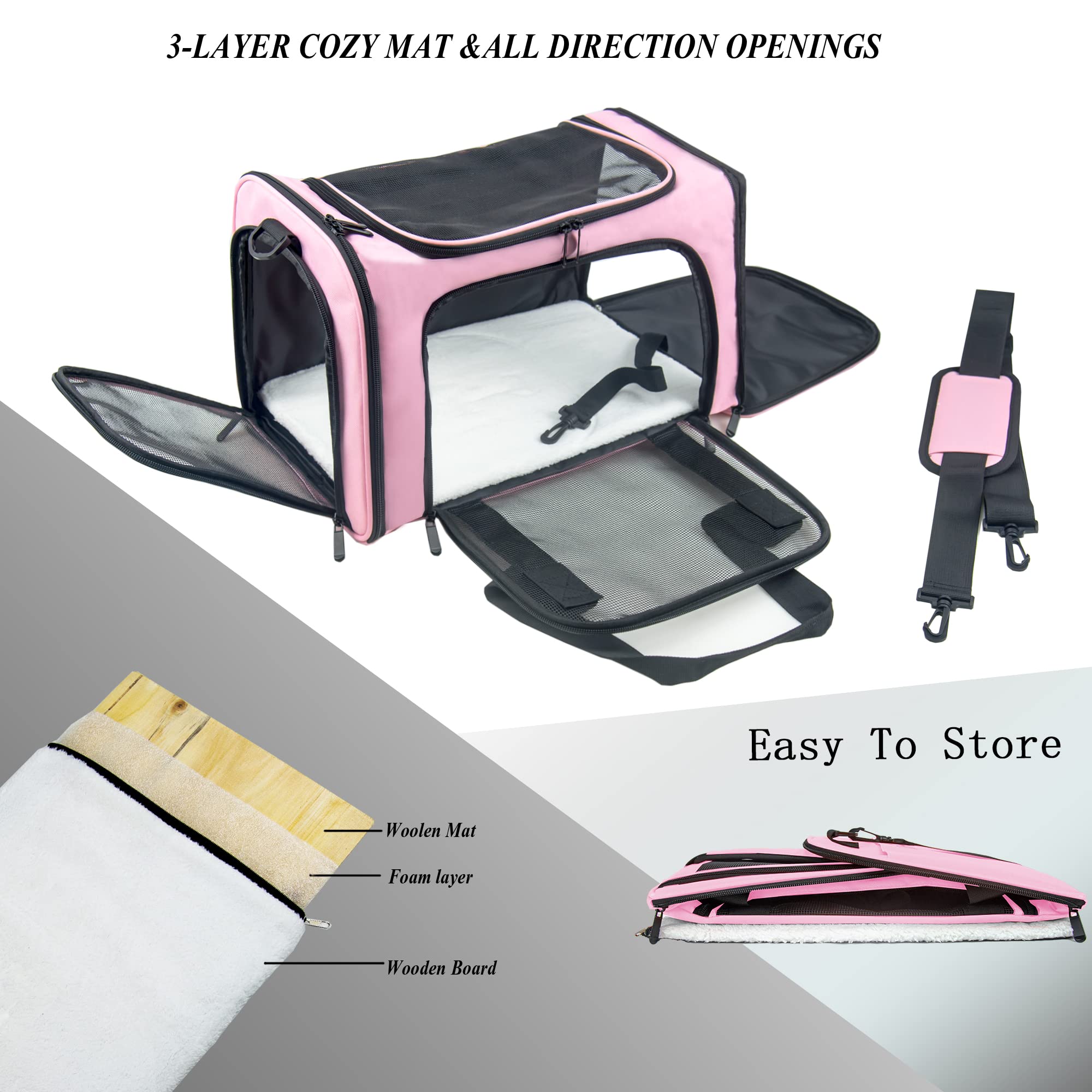 Nextfri Soft Sided Carrier For Small Medium Cats Dogs,Removable Pad Collapsible Travel Pet Carrier Large Pink