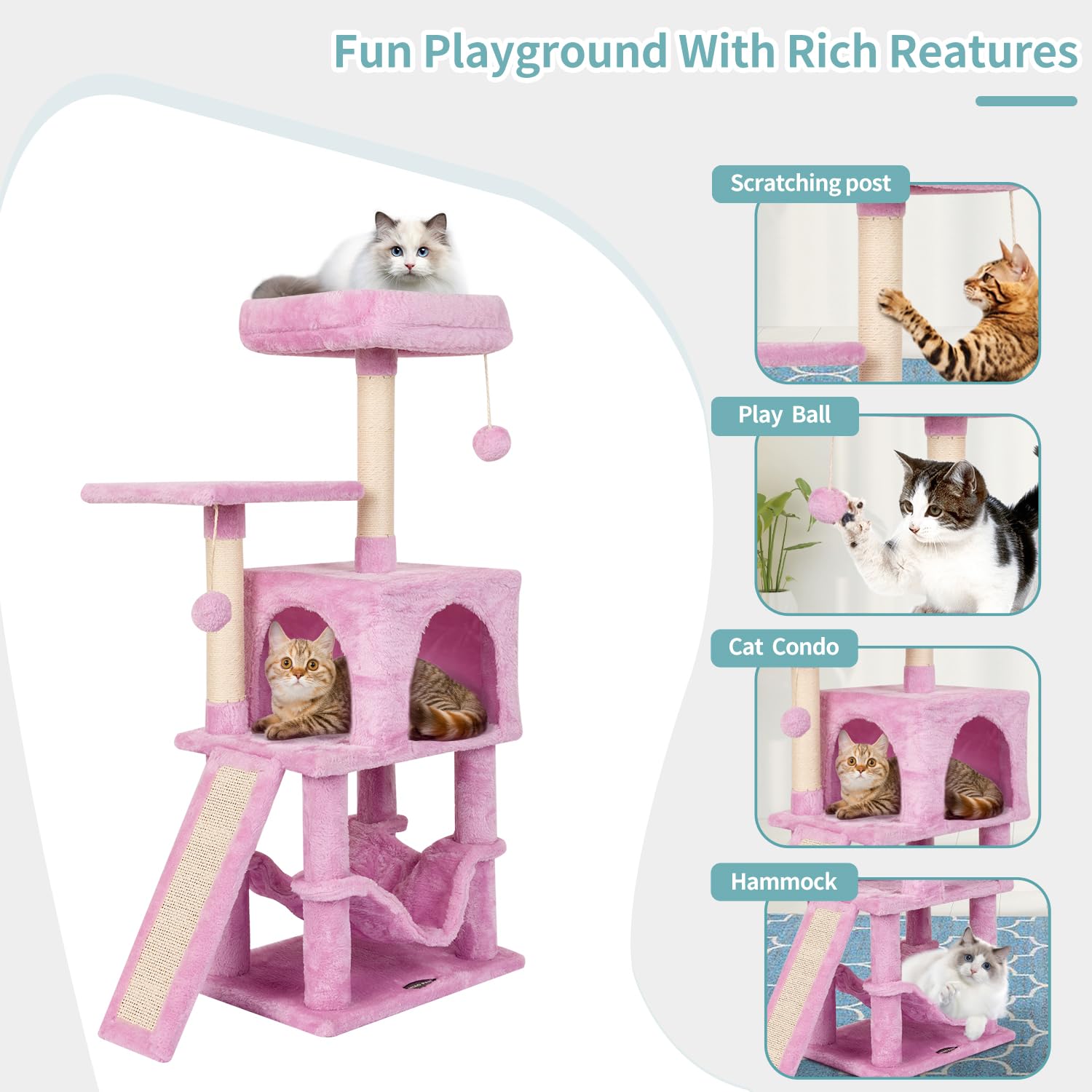 Miao Paw Pink Cute Cat Tree For Indoor Cat Tower With Scratching Post Modern Activity House Hammock Hanging Ball Condo With Boar