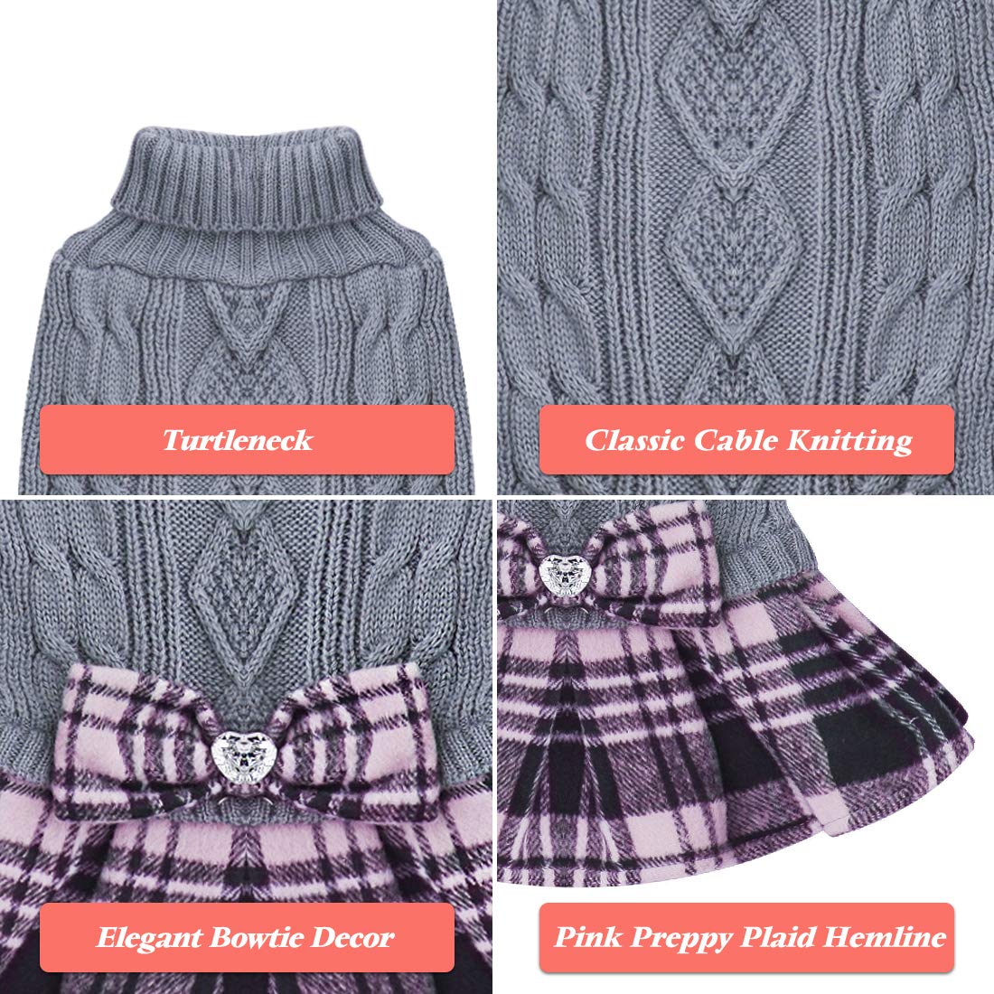 Kyeese Dogs Sweater Dress With Leash Hole For Small Dogs Plaid With Bowtie Turtleneck Dog Pullover Knitwear Puppy Cat Sweaters Grey