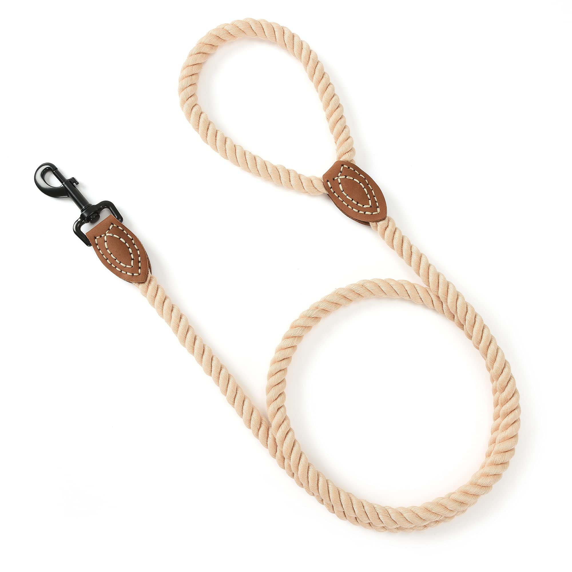 Mile High Life Braided Cotton Rope Leash With Leather Tailor Handle And Heavy Duty Metal Sturdy Clasp (Light Brown, 60 Inch (Pack Of 1))