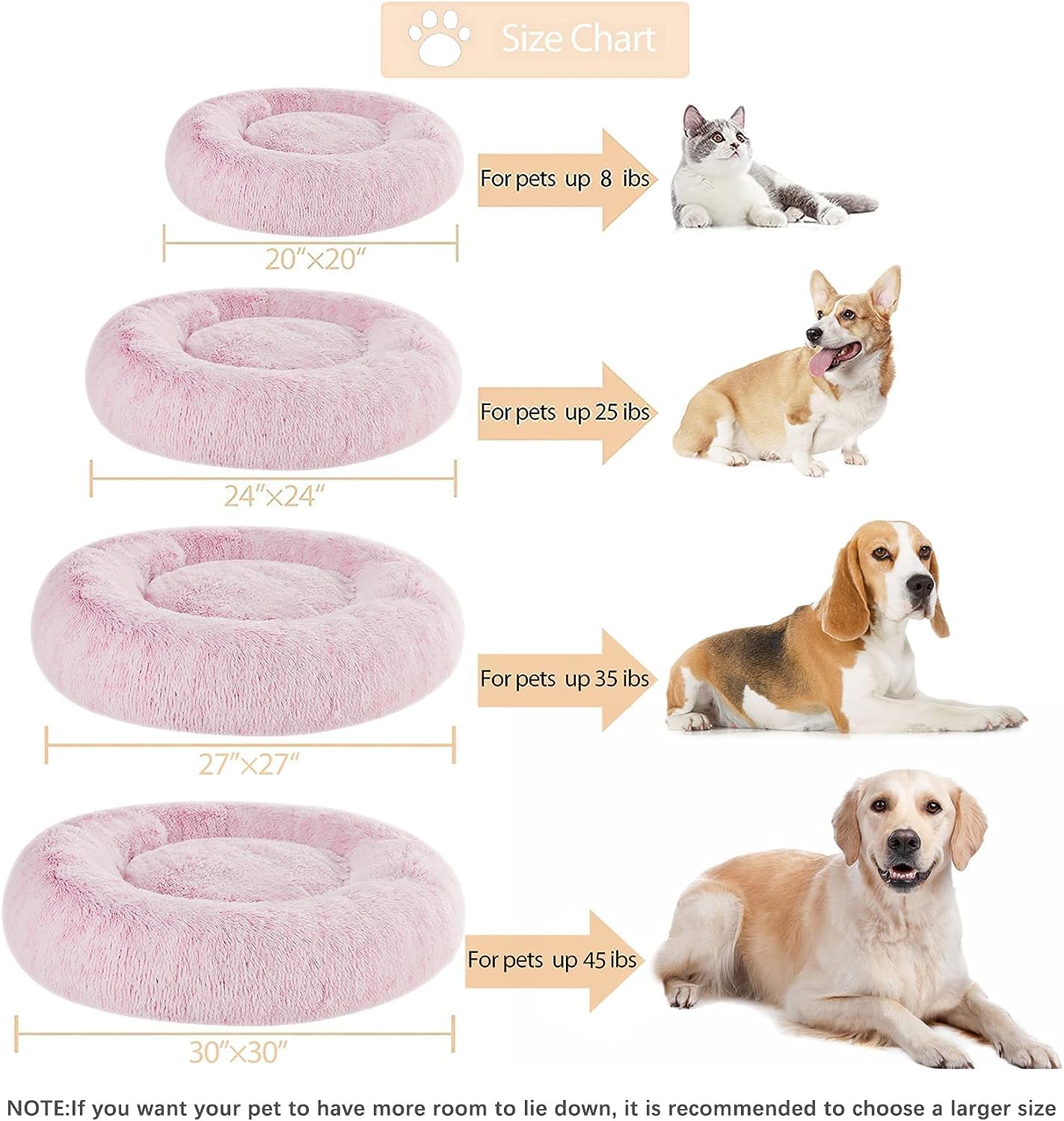 Wnpethome Calming Dog Bed For Large Dogs, Anti-Anxiety Donut Pet Bed, Fluffy Faux Fur Plush Pet Beds,Warming Cozy Soft Round Lag