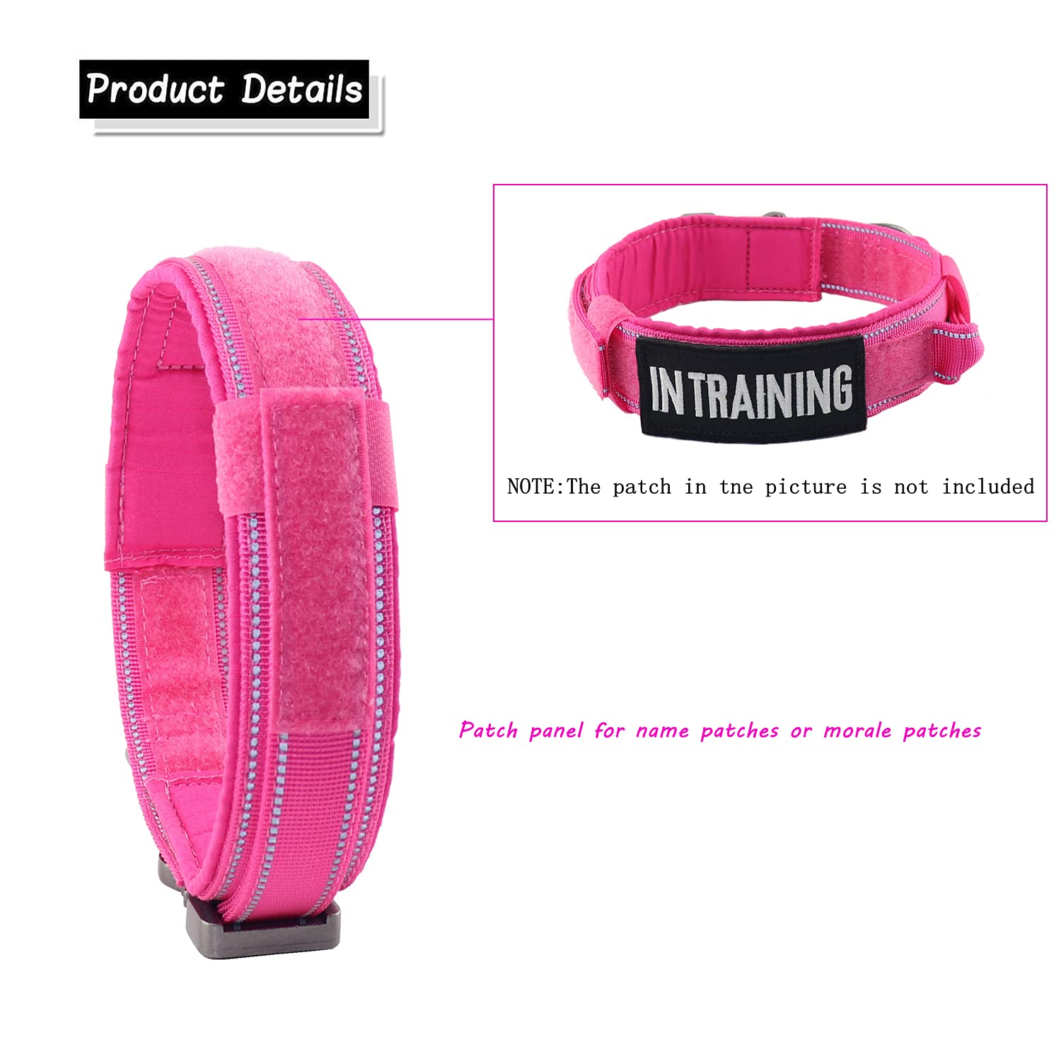 Yunleparks Tactical Dog Collar Reflective Nylon Dog Collar with Metal Buckle and Control Handle for Medium Large Dogs(Large,Pink
