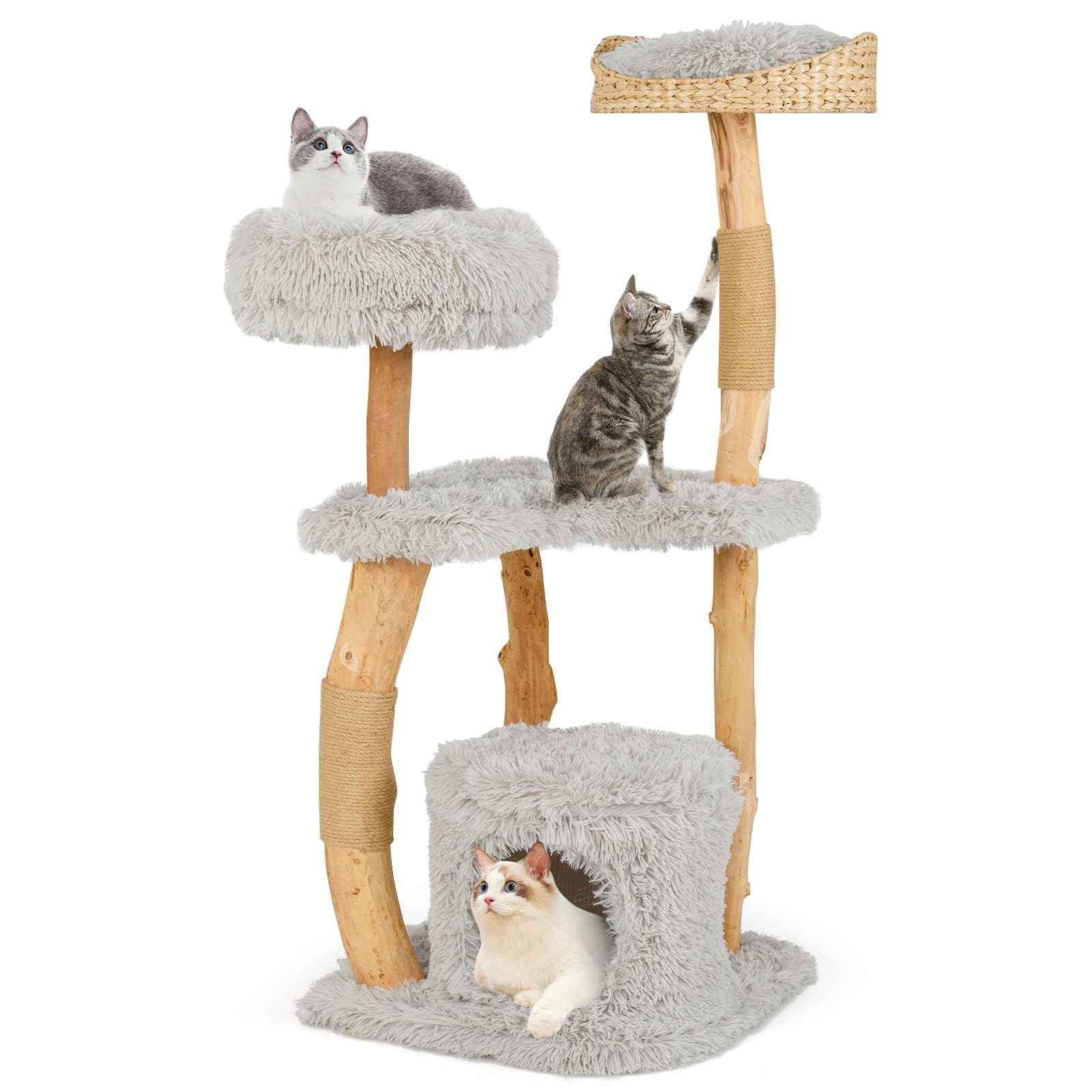 Tangkula Cat Tree Tower, Solid Wood Modern Cat Tower With Top Cattail Basket Bed, Side Perch, Large Platform & Cat Condo, Cute C