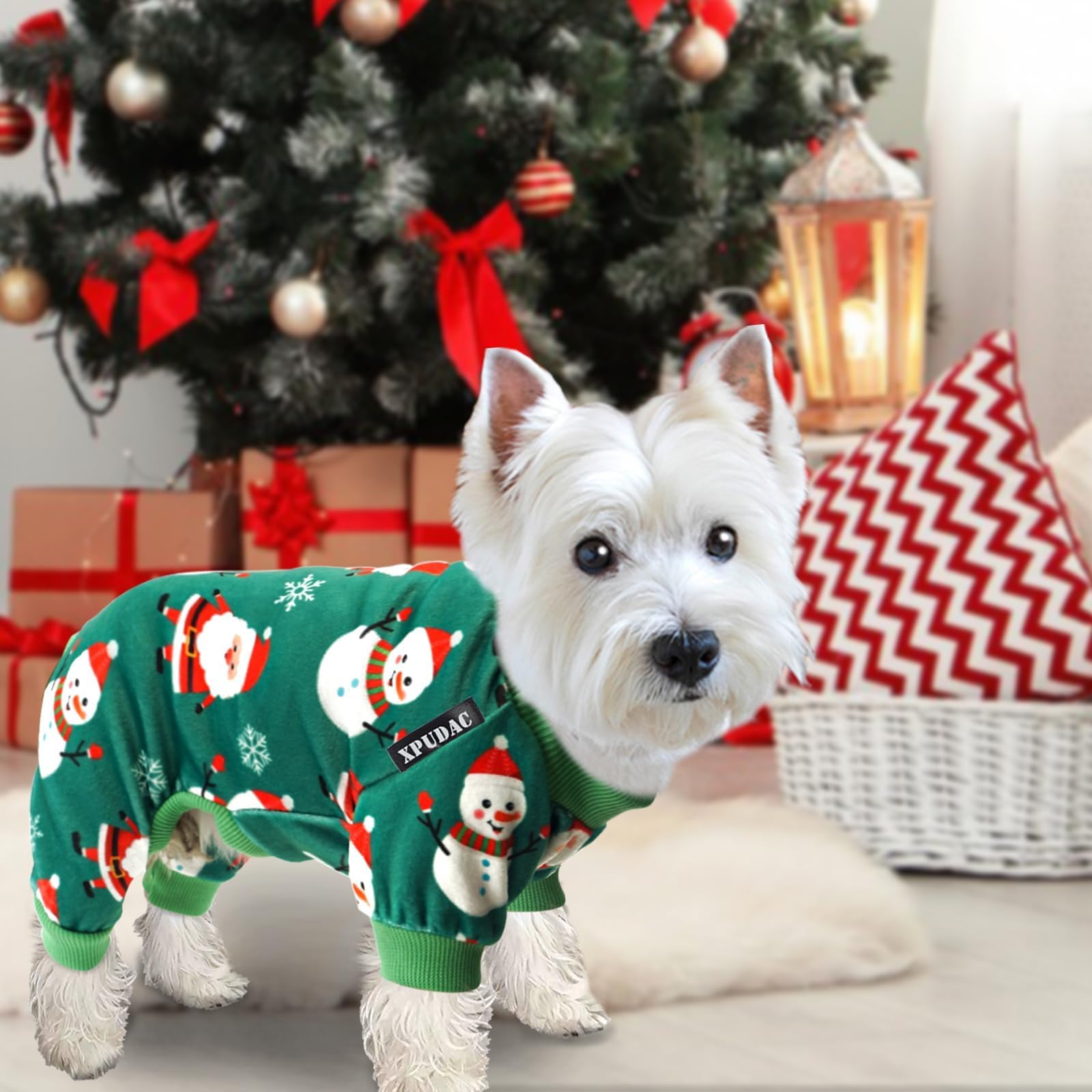 Xpudac 4 Piece Dog Christmas Pajamas Santa Pet Clothes Cute Snowman Dog Pajamas Red Green Xx-Large