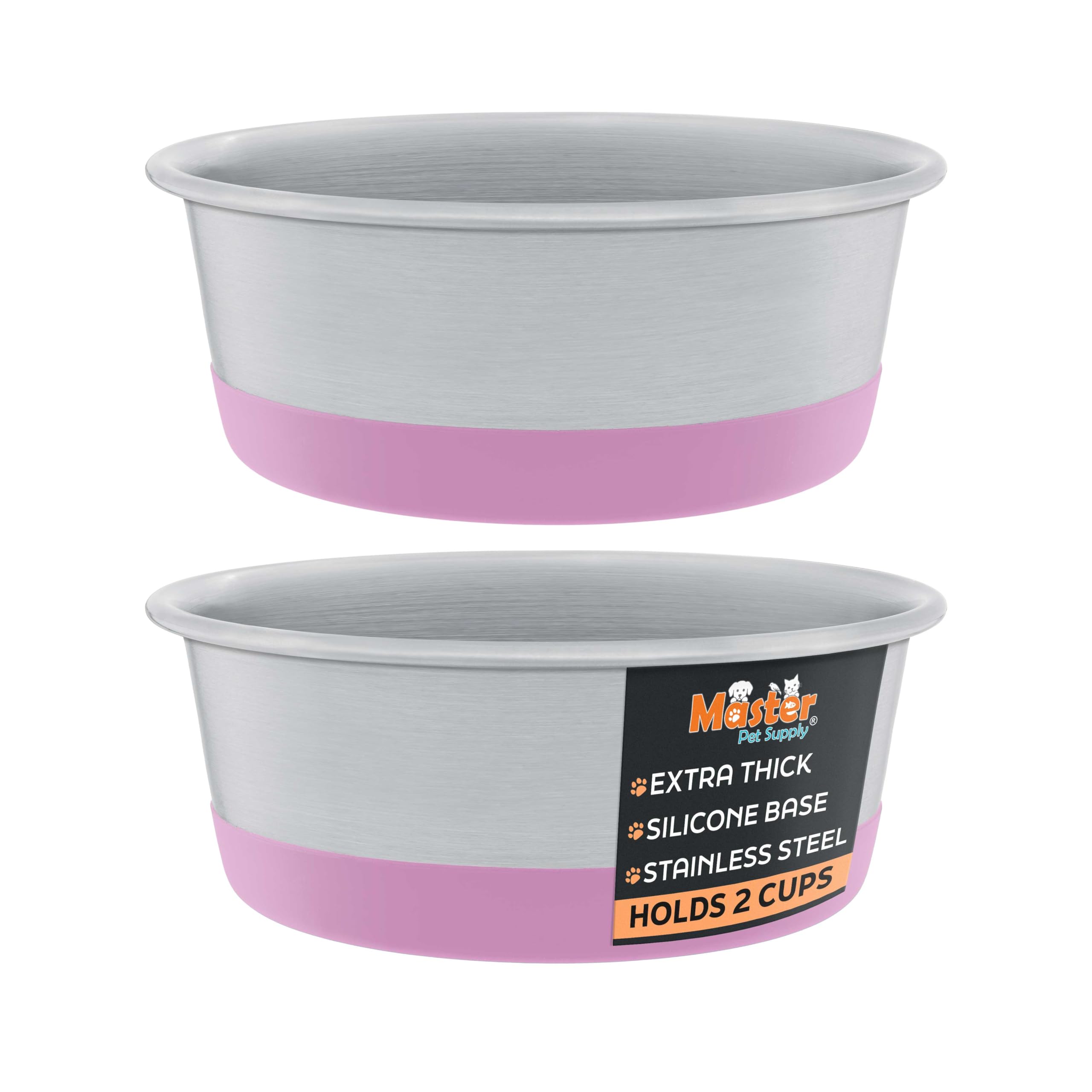 Master Pet Supply Stainless Steel Dog Bowls Set of 2 with Extra Thick Silicone Base - 2 Cup (16 oz) Hyper Pink, Non-Slip, Dishwa