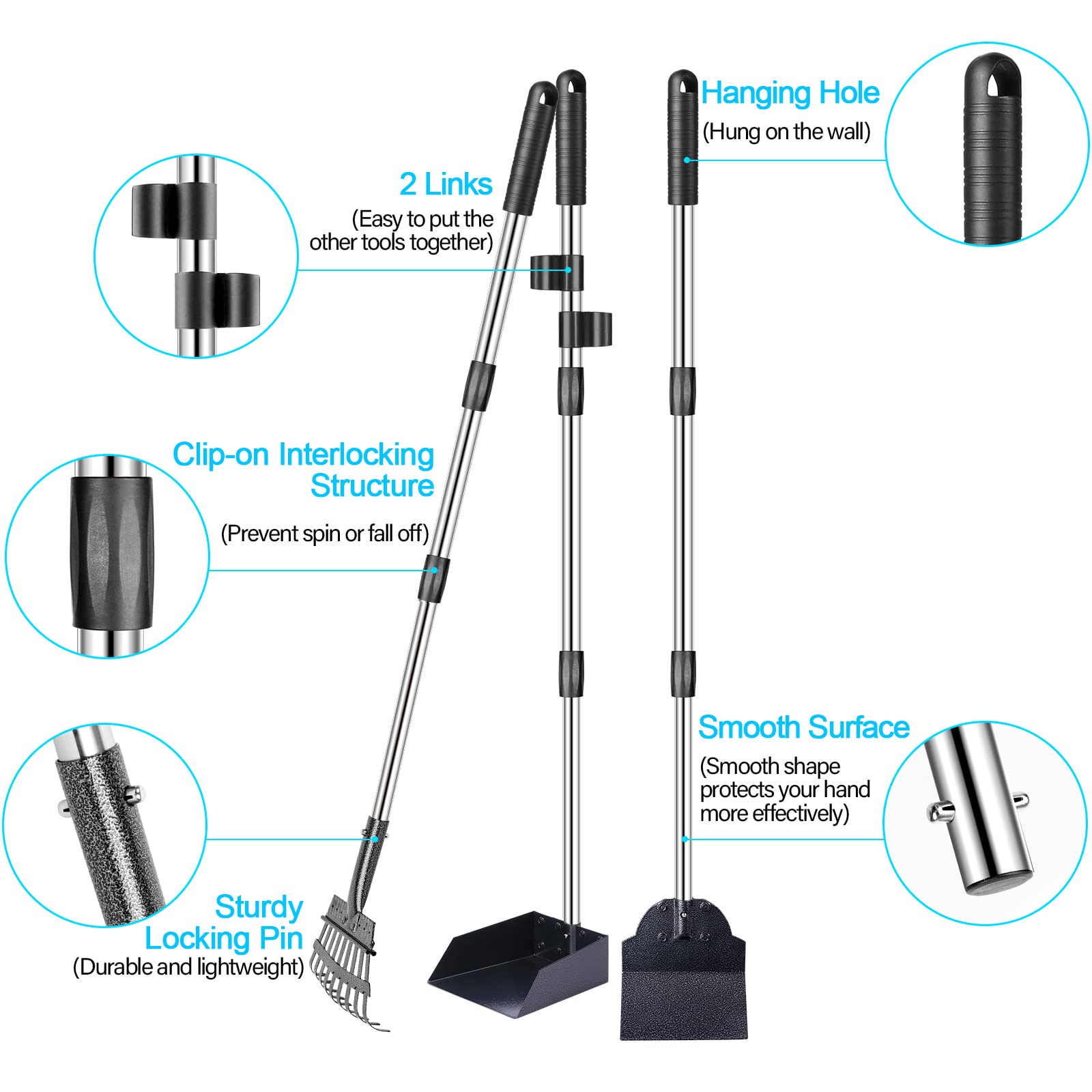 TNELTUEB Dog Pooper Scooper Set - 3 Pcs Adjustable 49.1 Long Metal Tray, Rake & Spade for Waste Removal - No Bending Cleanup, Black