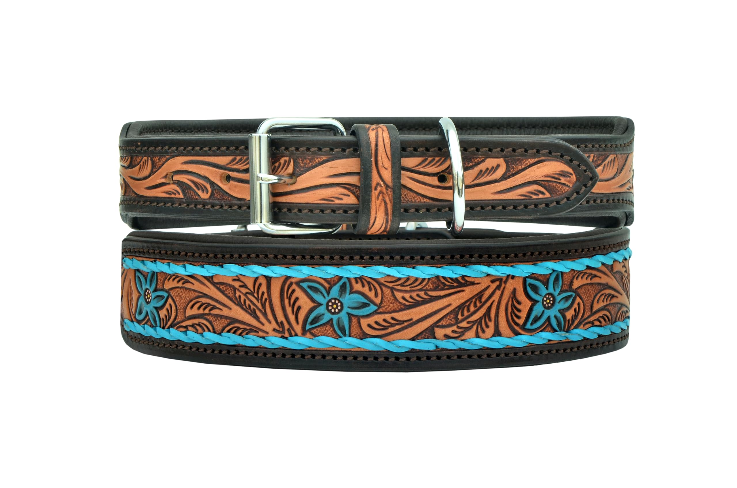 Leather Dog Collar Small Size Western Style Heavy Duty Hand Tooled Adjustable Padded Soft For Small Puppies And Big Dogs 10Ab139