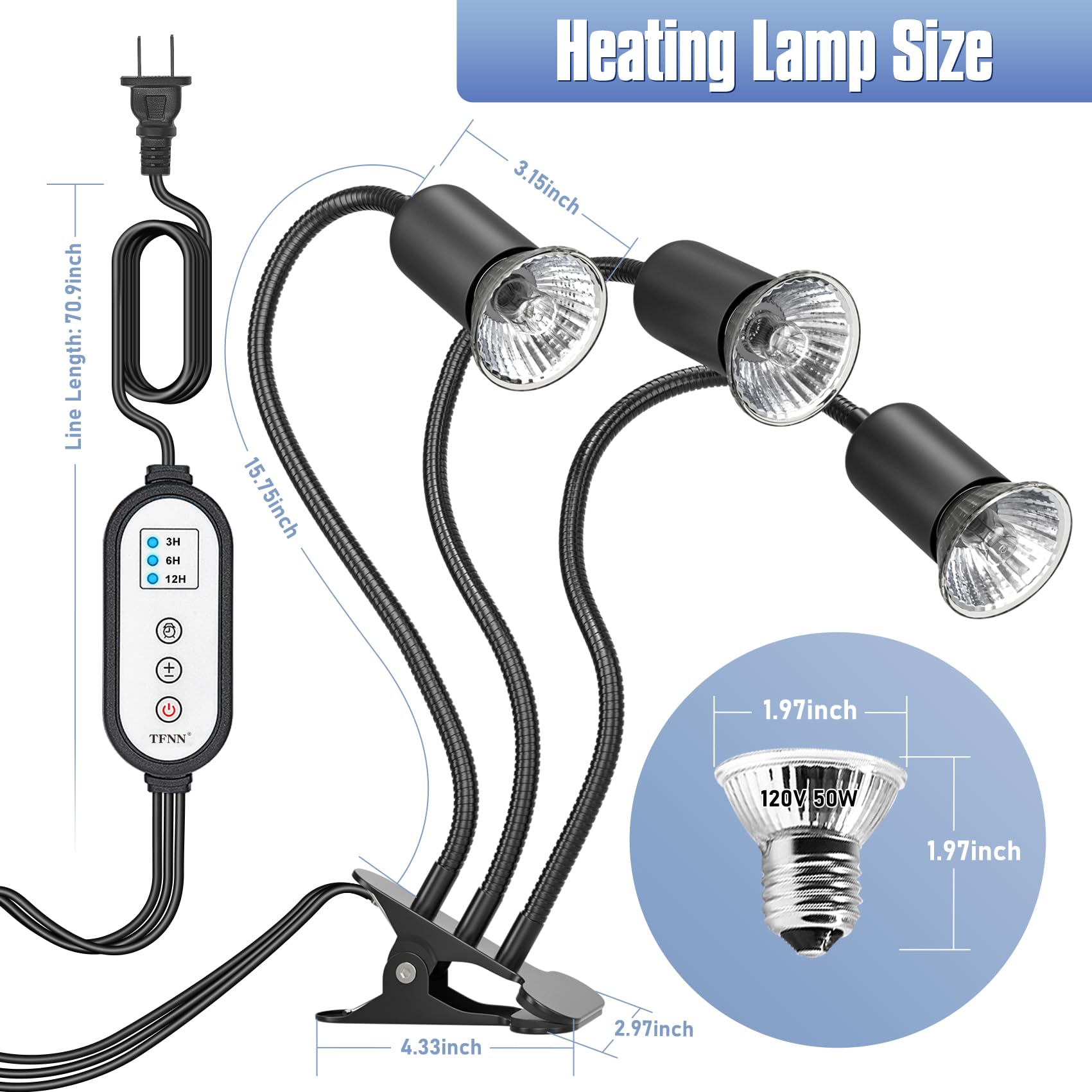 Tfnn Reptile Heat Lamp, Three Head Reptile Light With Cycle Timer,Uva Uvb Light, Dimmable Basking Lamp For Tortoise, Bearded Dra