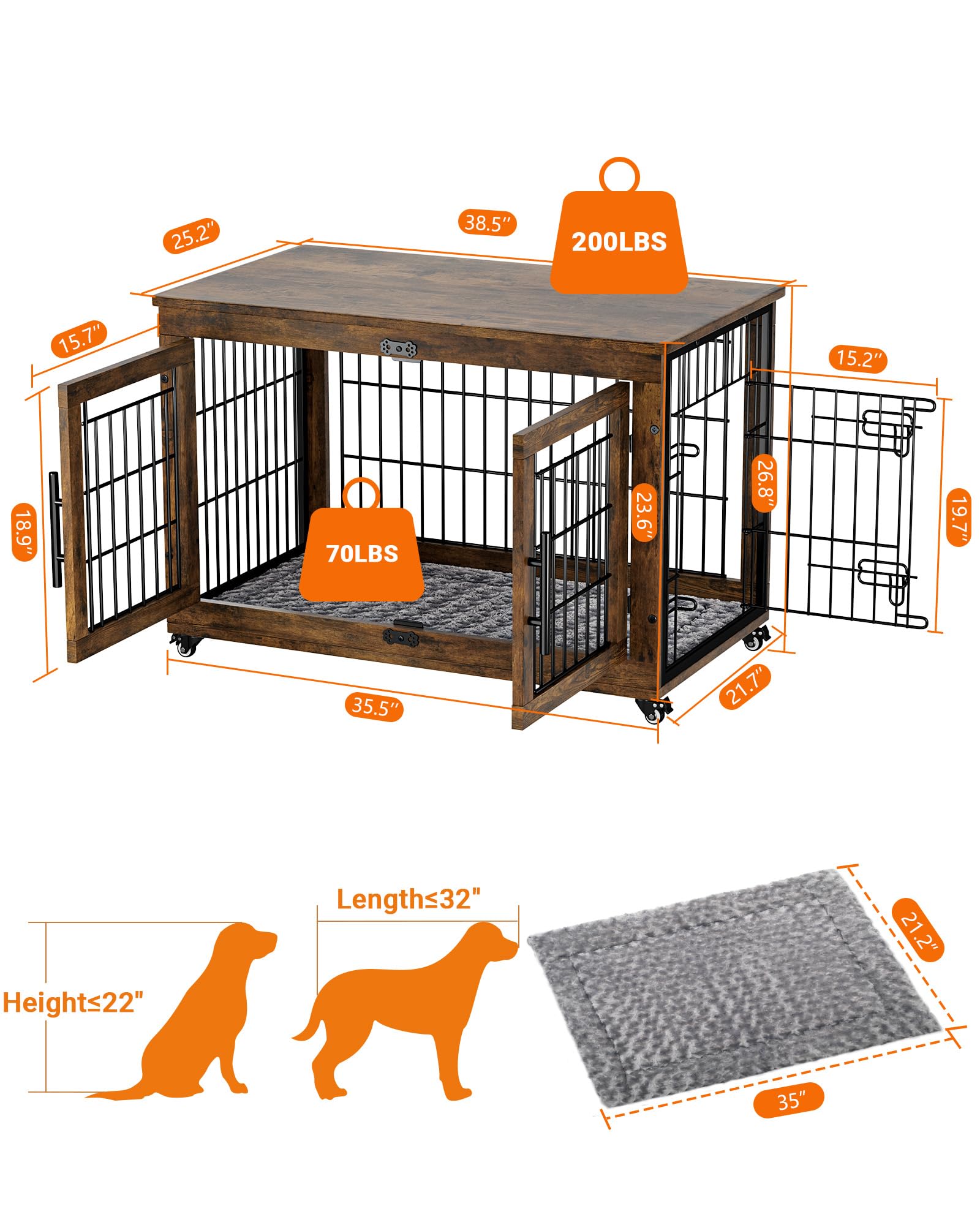 Dog Crate Furniture with Cushion, Large Wooden Dog Kennel Indoor with Double Doors, Dog Cage with Wheels, Dog House Side End Tab