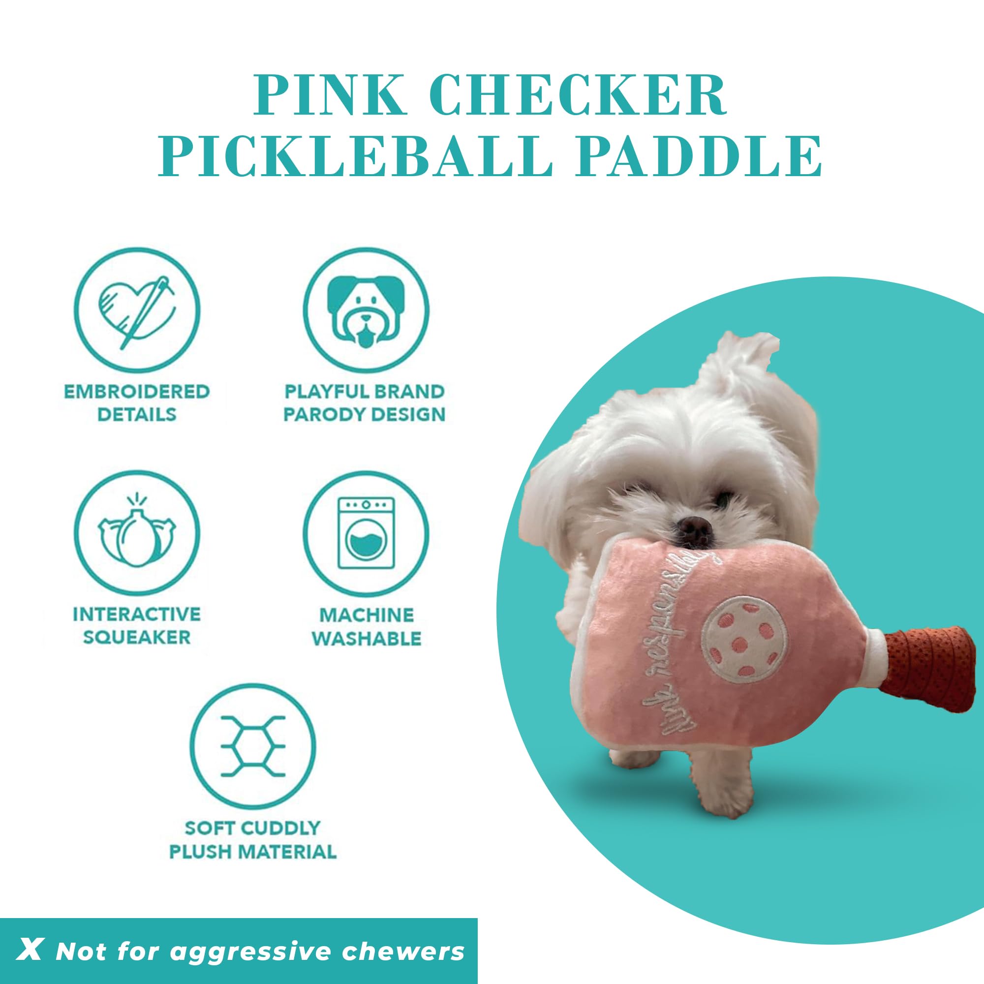 Haute Diggity Dog Pink Checker Pickleball Paddle, Plush Trendy Sporty Dog Toys With Interactive Squeaker, Stimulating Pet Enrich