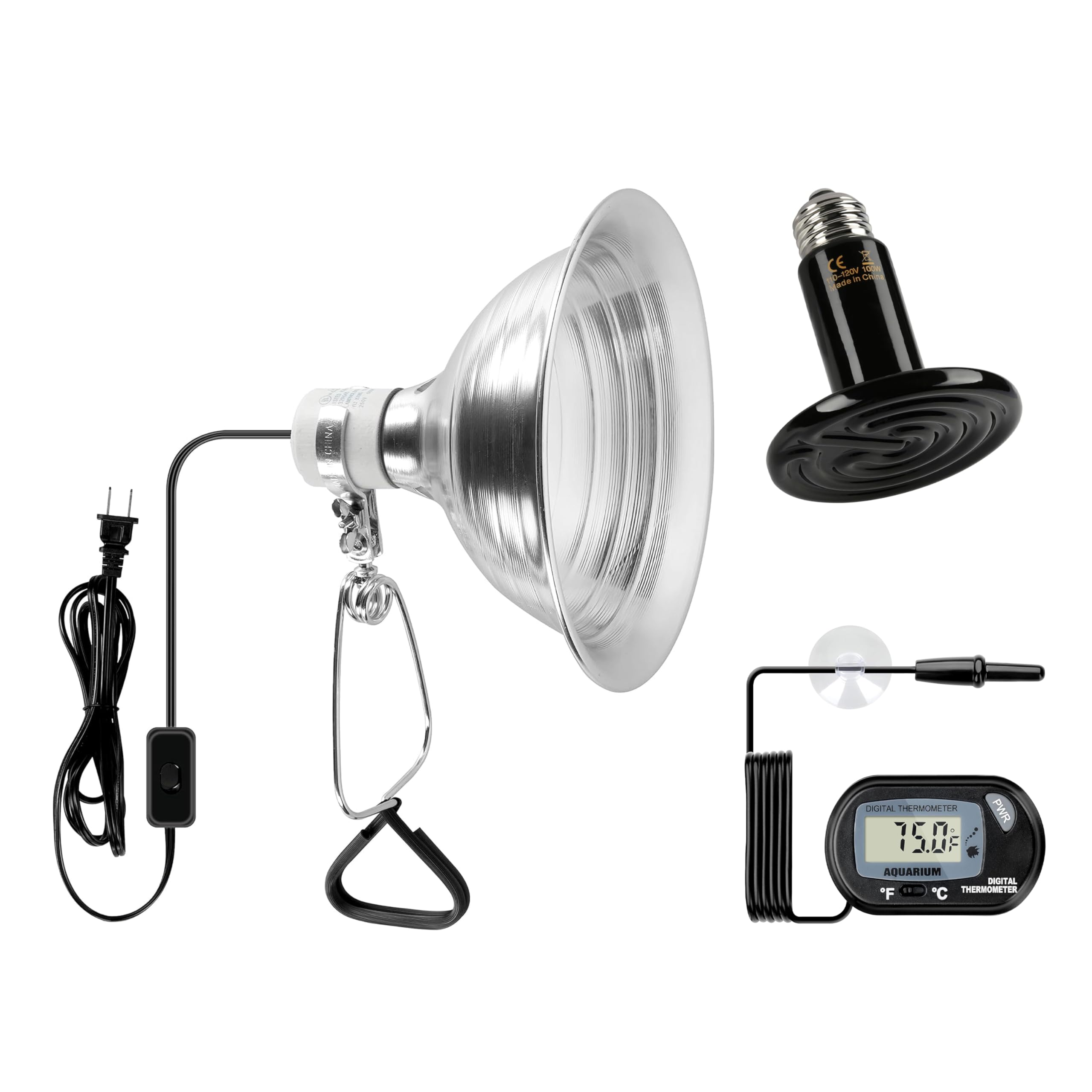Simple Deluxe 100W Ceramic Reptile Heat Lamp Bulb & 150W Clamp Light with 8.5'' Aluminum Reflector, LCD Digital Aquarium Thermom