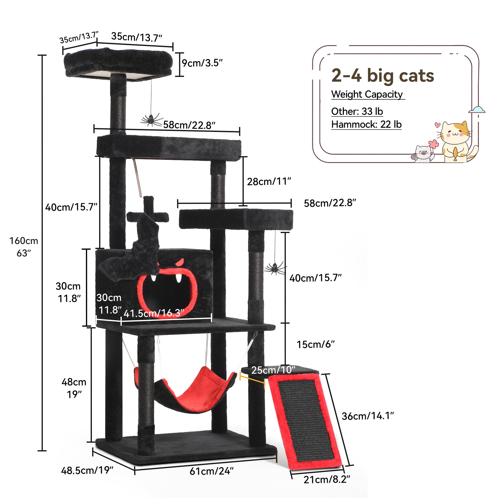 Yitahome Gothic Cat Tree With Coffin Bed, 63'' Tall Cat Tower For Indoor Cats With Top Perch, Spacious Cat Condos, Spider Hangin