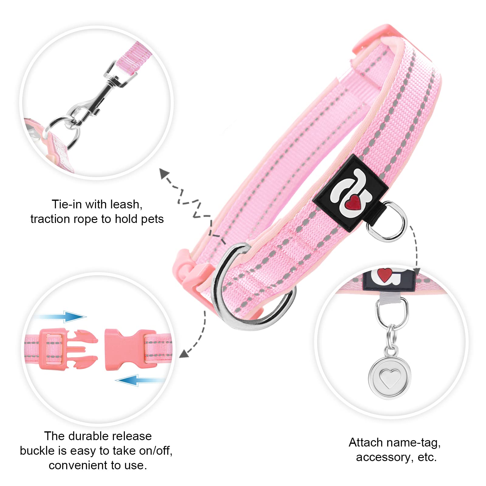 Azuza Reflective Dog Collar,Soft Neoprene Padded Pet Collar With Id Tag Ring,Adjustable For Small Dogs,Pink,S