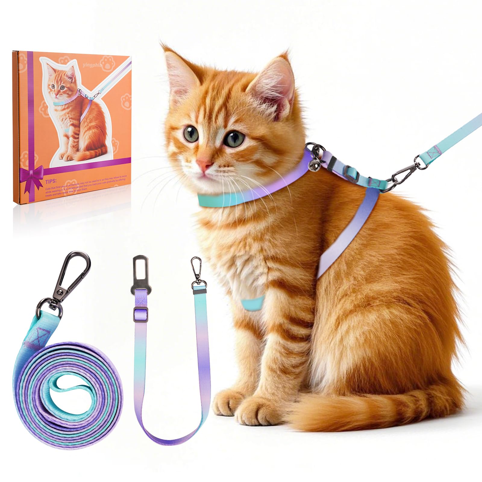 Cat Harness And Leash Set, Collars,Car Seat Belt [4 In 1 Detachable & Adjustable] Escape Proof Cat Harness, Comfortable Soft Lig