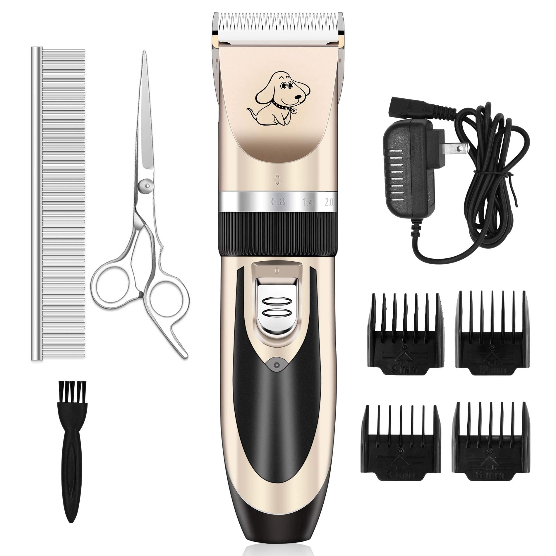 Maxshop Dog Grooming Kit, Low Noise Rechargeable Dogs Shaver Clippers Electric Quiet Dog Hair Trimmer For Dogs And Cats With Comb Guides Scissors Nail Kits (Gold Black)