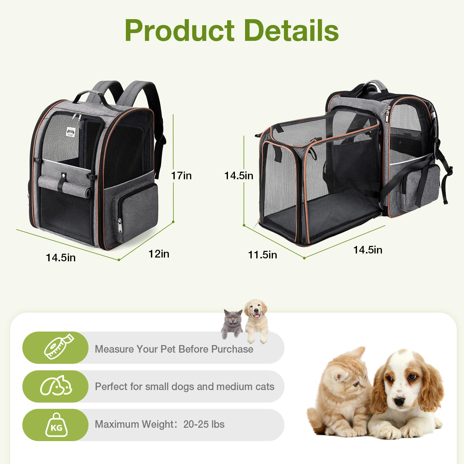 Lekebobor Large Cat Backpack Carrier Expandable Pet Carrier Backpack For Small Dogs Medium Cats Fit Up To 18 Lbs, Dog Backpack C