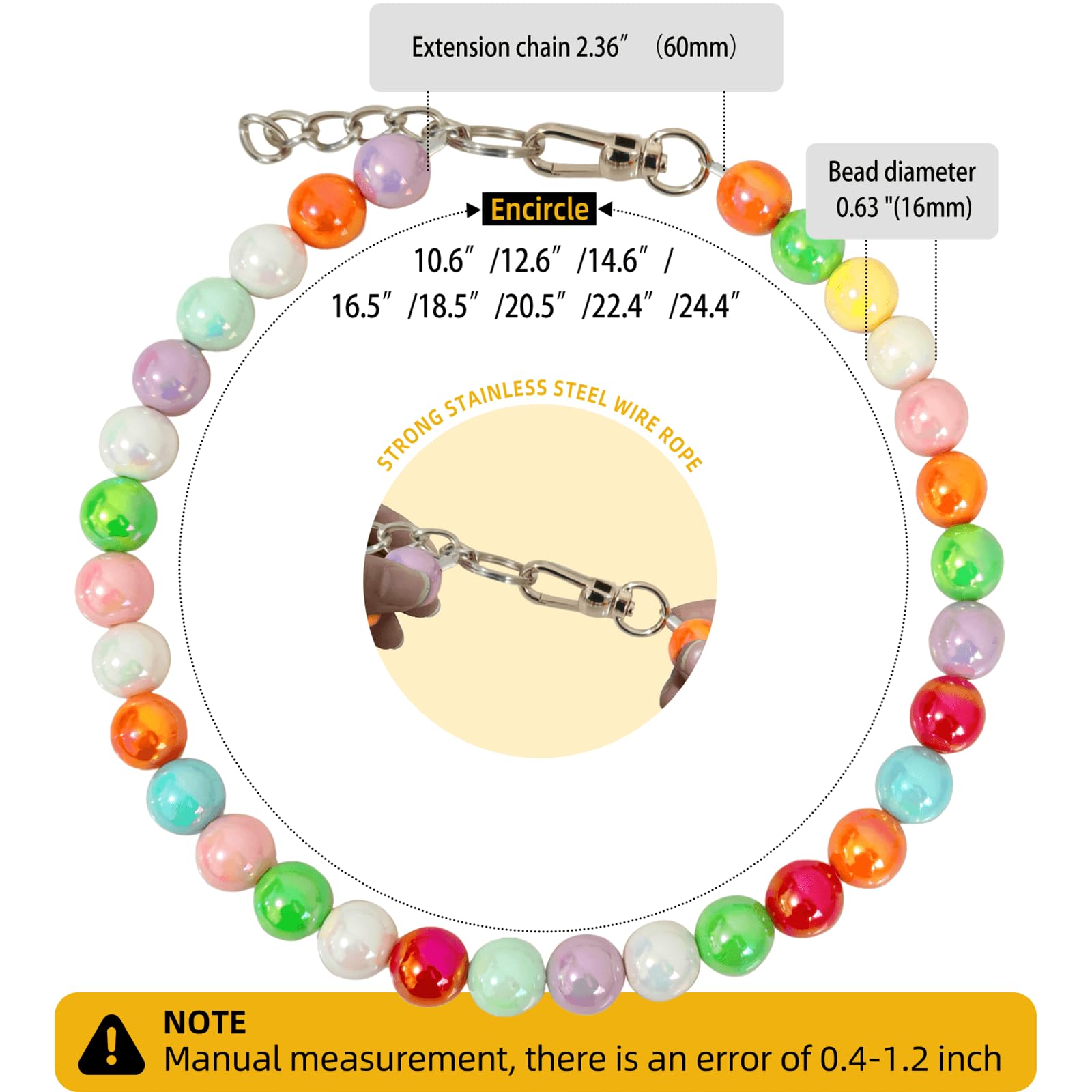 Hosiwei Handmade Rainbow Beaded Dog Necklace (Beads 16Mm) With Strong Stainless Steel Wire Rope, Adjustable Vibrant Candy-Colore