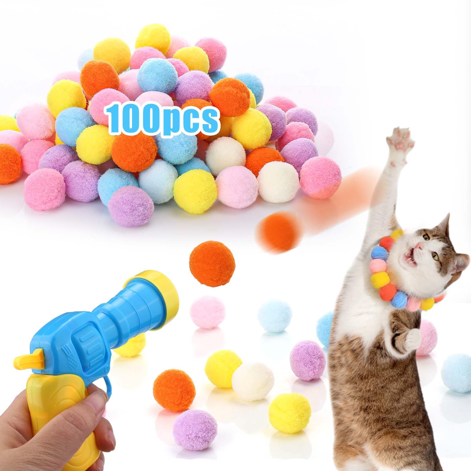 Aiersa Interactive Cat Toys - 100Pcs Pom Pom Balls With Launcher Set For Indoor Cats, Kitten Enrichment