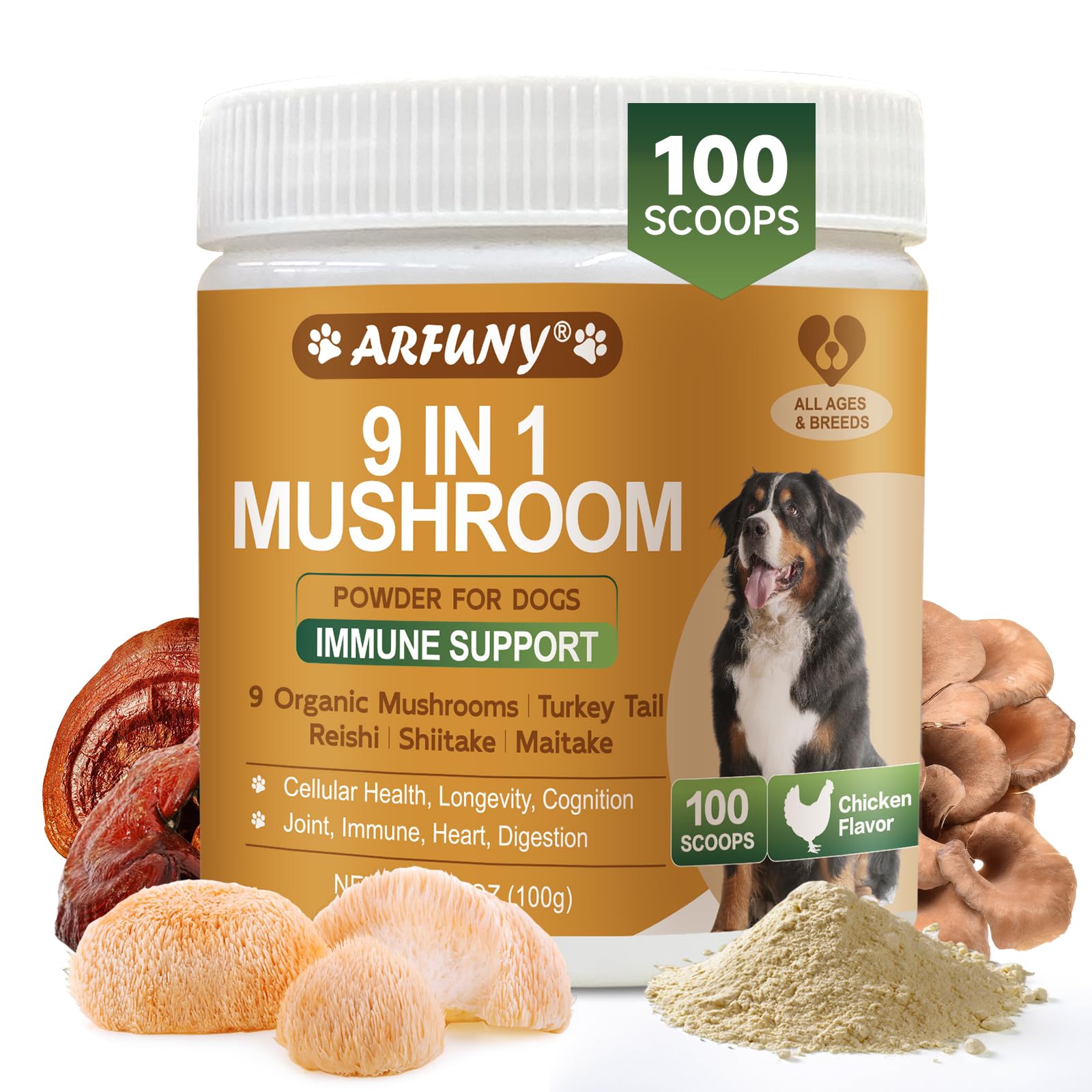 Mushroom for Dogs - Turkey Tail for Dogs - 9 Organic Mushroom Supplement with Turkey Tail, Reishi, Lions Mane - Hip & Joint, Ski