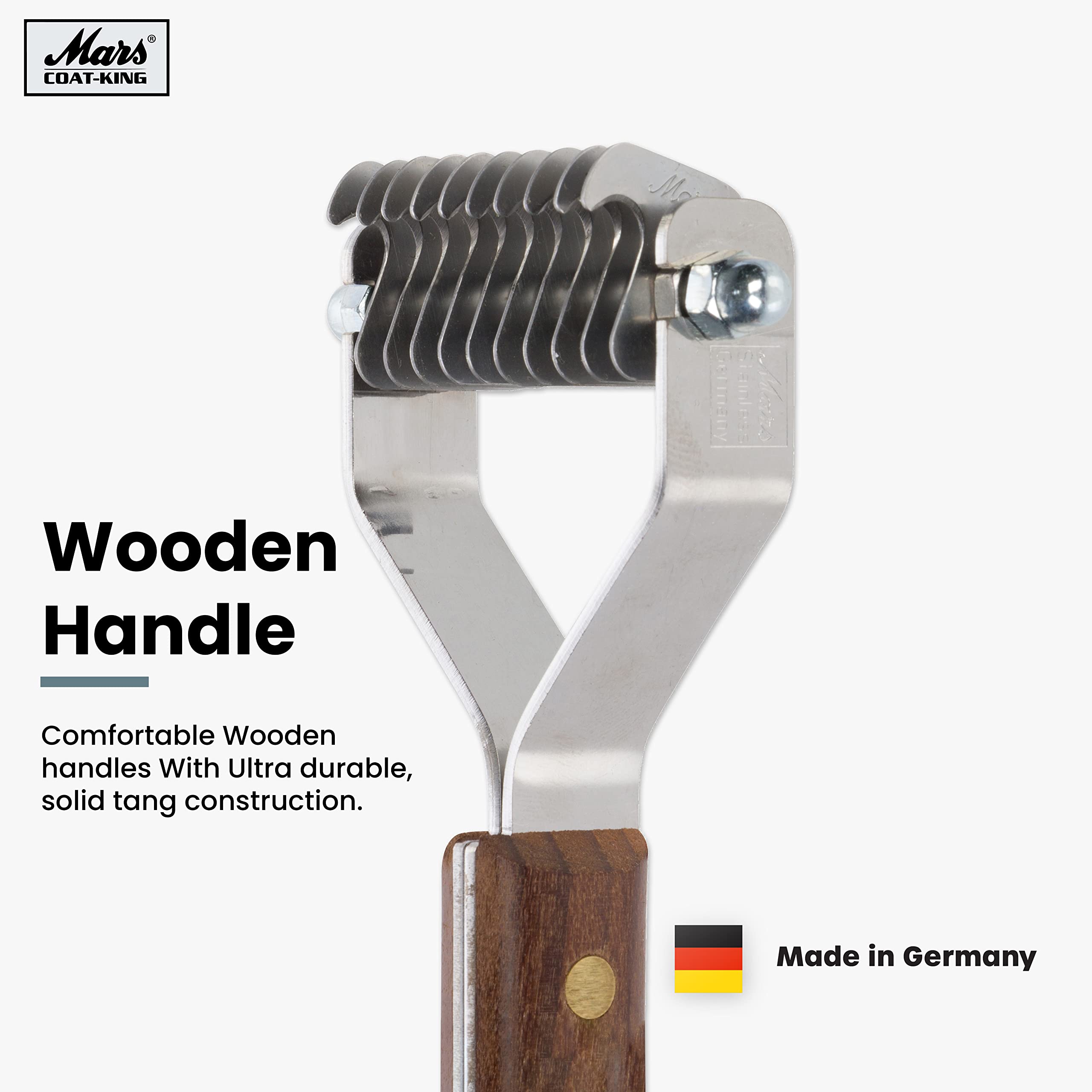 Mars Coat King Original Dematting Undercoat Grooming Rake Stripper Tool For Dogs And Cats, Stainless Steel With Wooden Handle, Made In Germany, 16-Blade