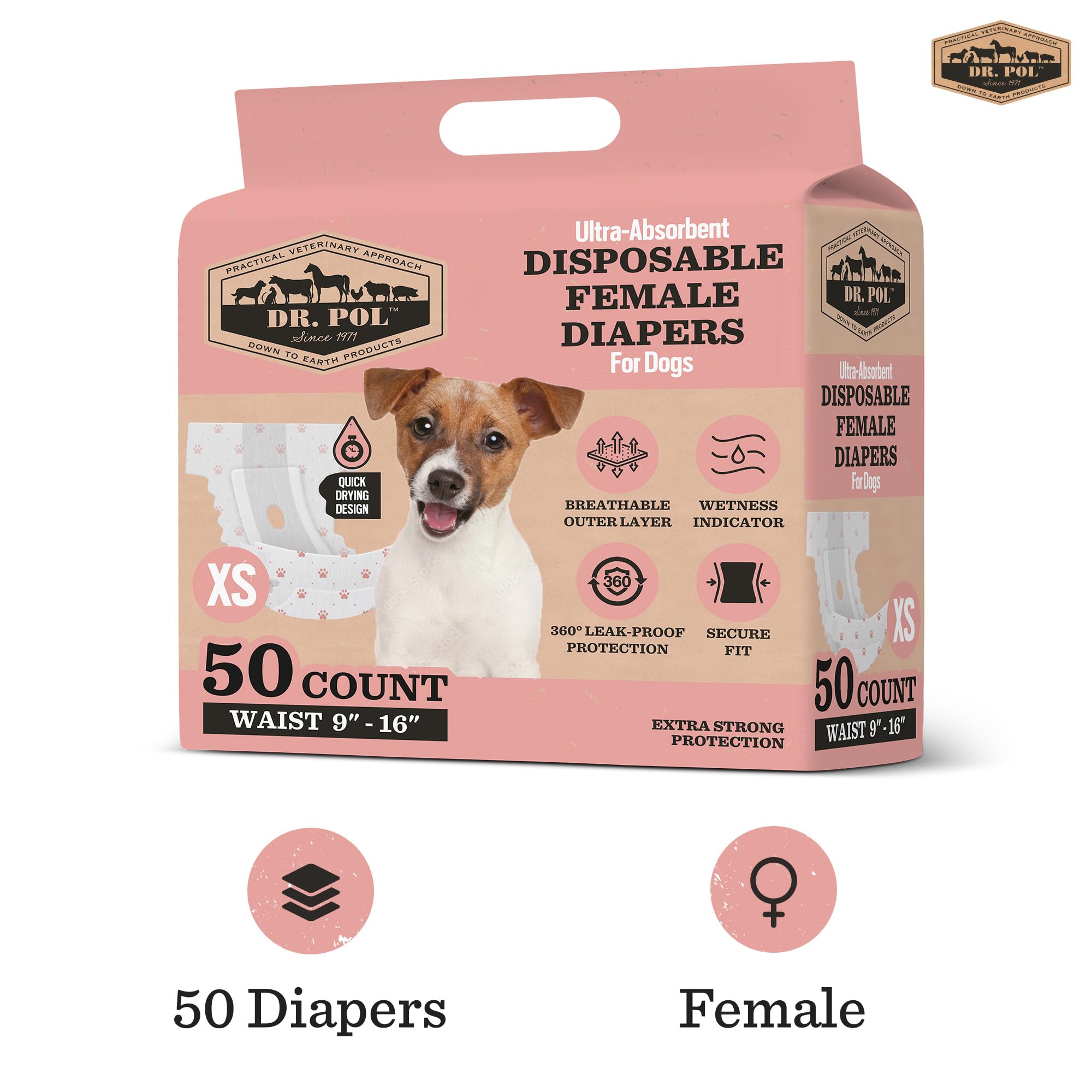Dr. Pol Female Dog Diapers - Super Absorbent, Breathable, Leak-Proof With Wetness Indicator, X-Small, 50 Count