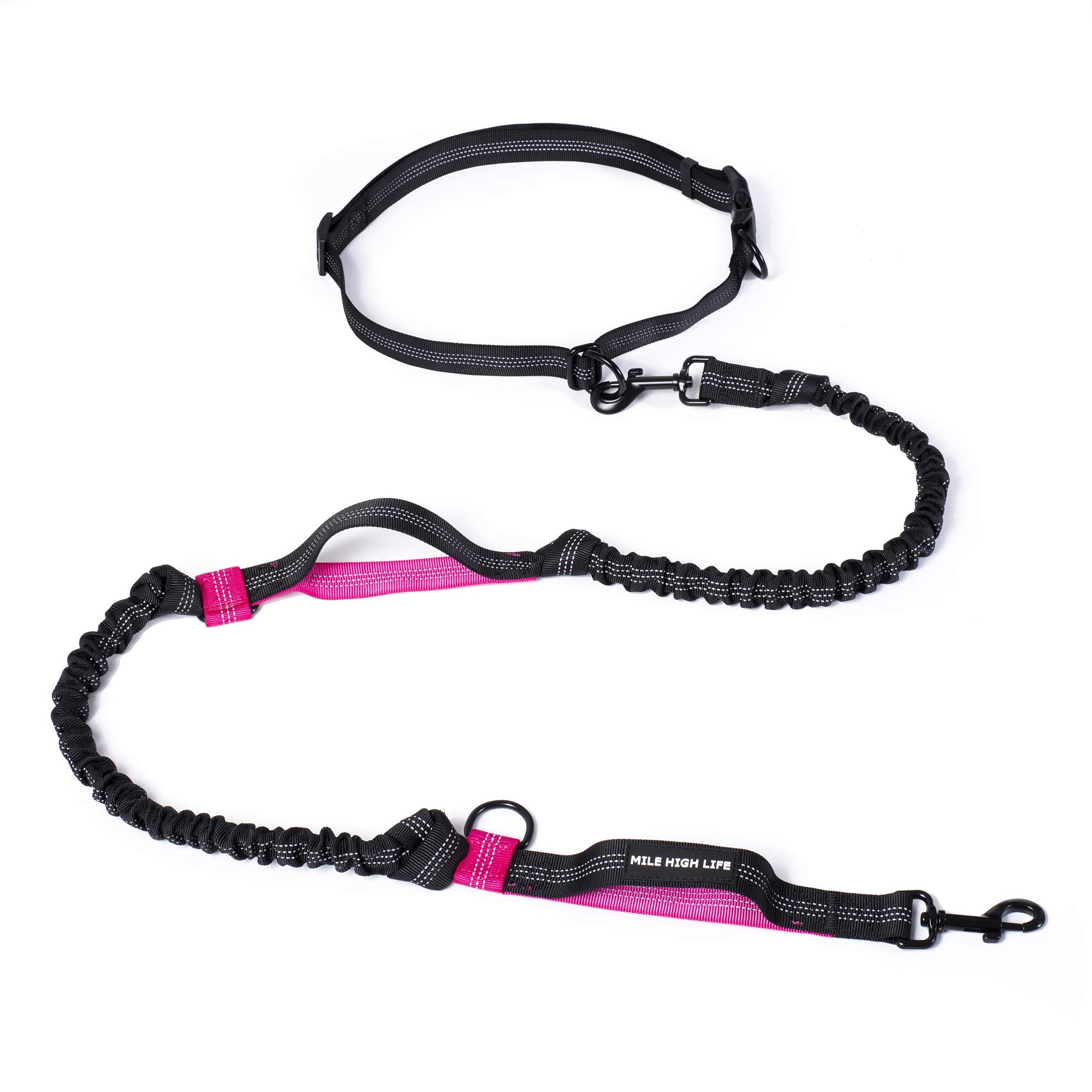 Mile High Life | Retractable Hands Free Dog 7Ft Leash | Waist Running Adjustable | Reflective Dual Black Bungees | Dual Handles | Small Medium Large Dogs | (Hot Pink)