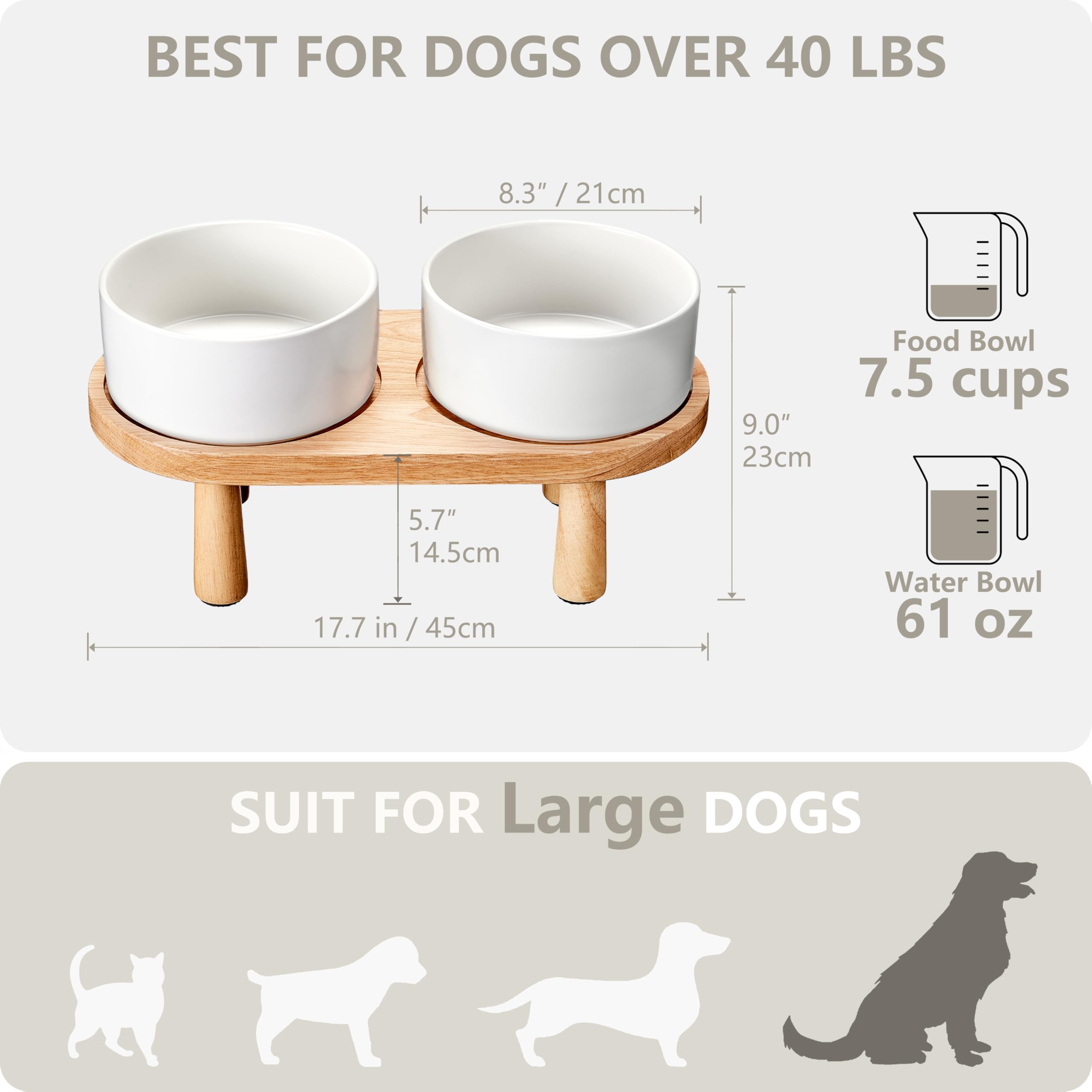 MOPANG Ceramic Elevated Dog Bowls Set - 8" Large Pet Food & Water Bowls with Wood Stand, 7.5 Cups, White, Model: Futternapf- und Wass
