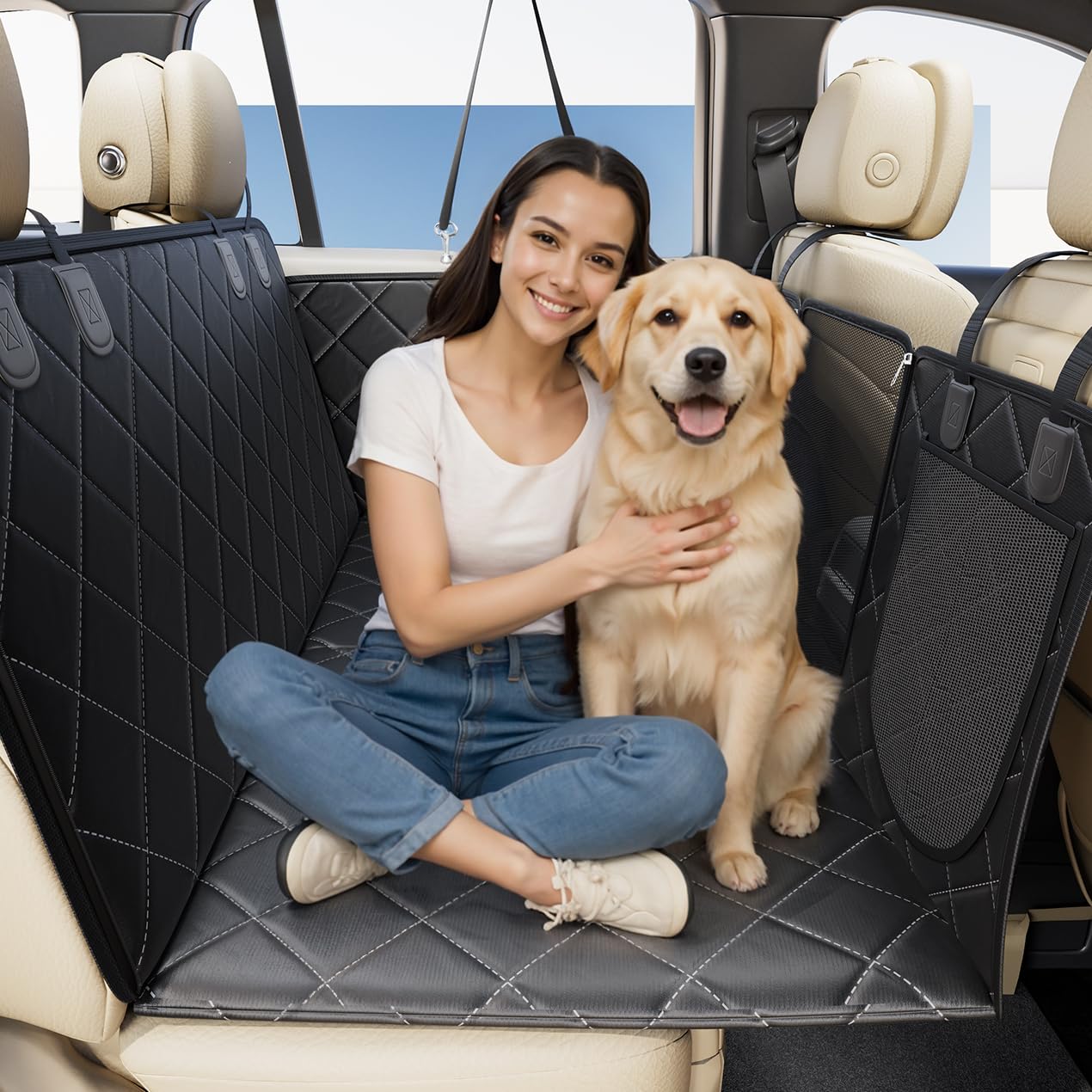 Petcozife Dog Car Seat Cover For Back Seat Supports 400Lb, Waterproof Back Seat Extender For Dogs With Hard Bottom With Durable 