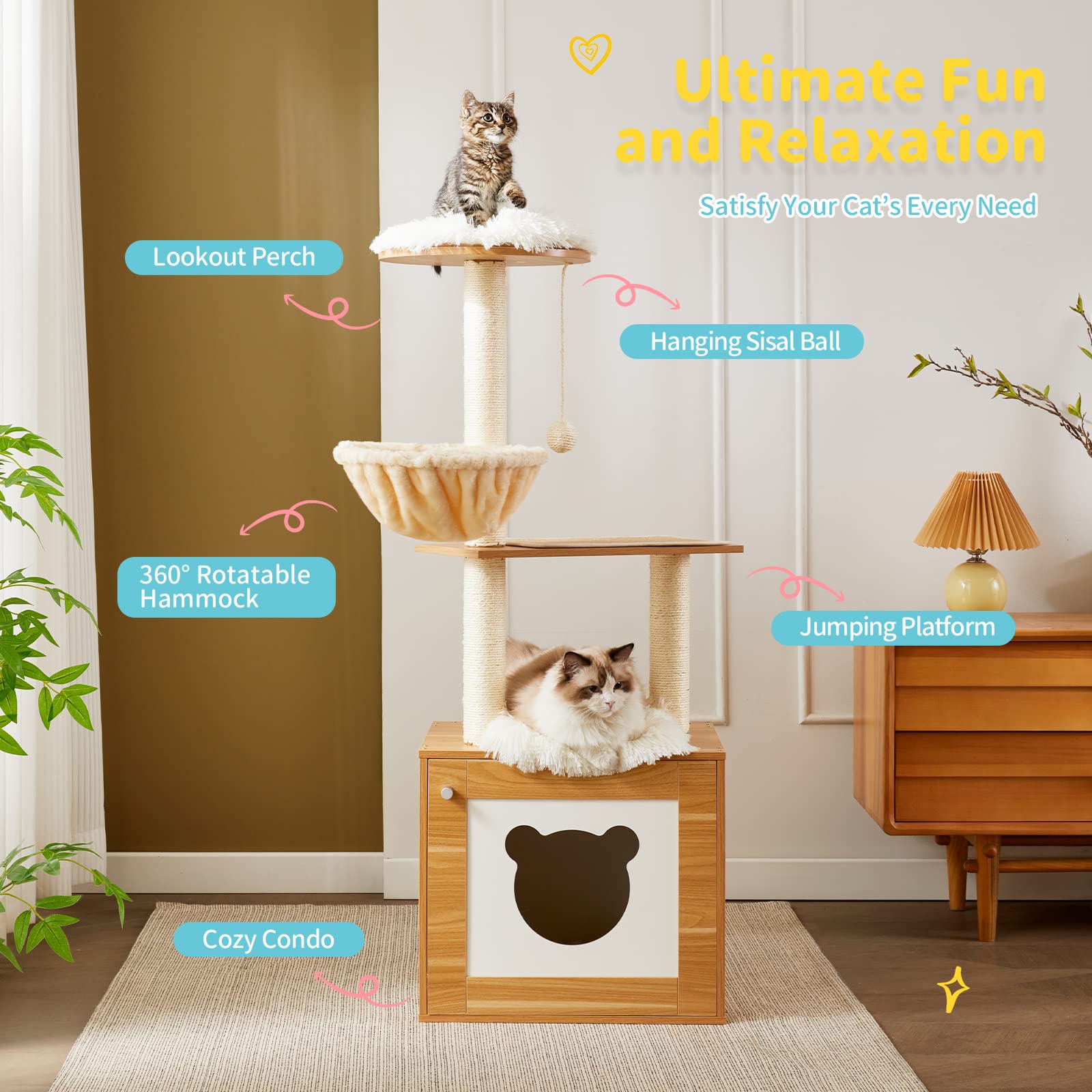Made4Pets Cat Tree with Litter Box Enclosure, 2-in-1 Modern Cat Tower for Indoor Cats, 48.6  Wood Kitten Condo with Scratching P