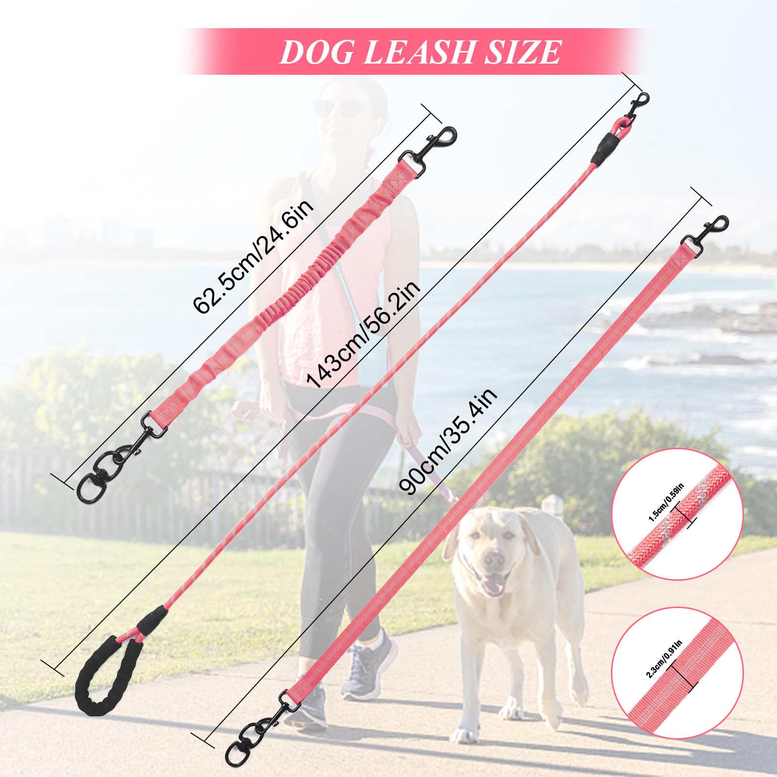 Dog Double Leashes,Rope Bungee Three Leash With Padded Handle Removable For 3 Dogs,Tangle-Free, Padded Handles, 360 Swivel Contr