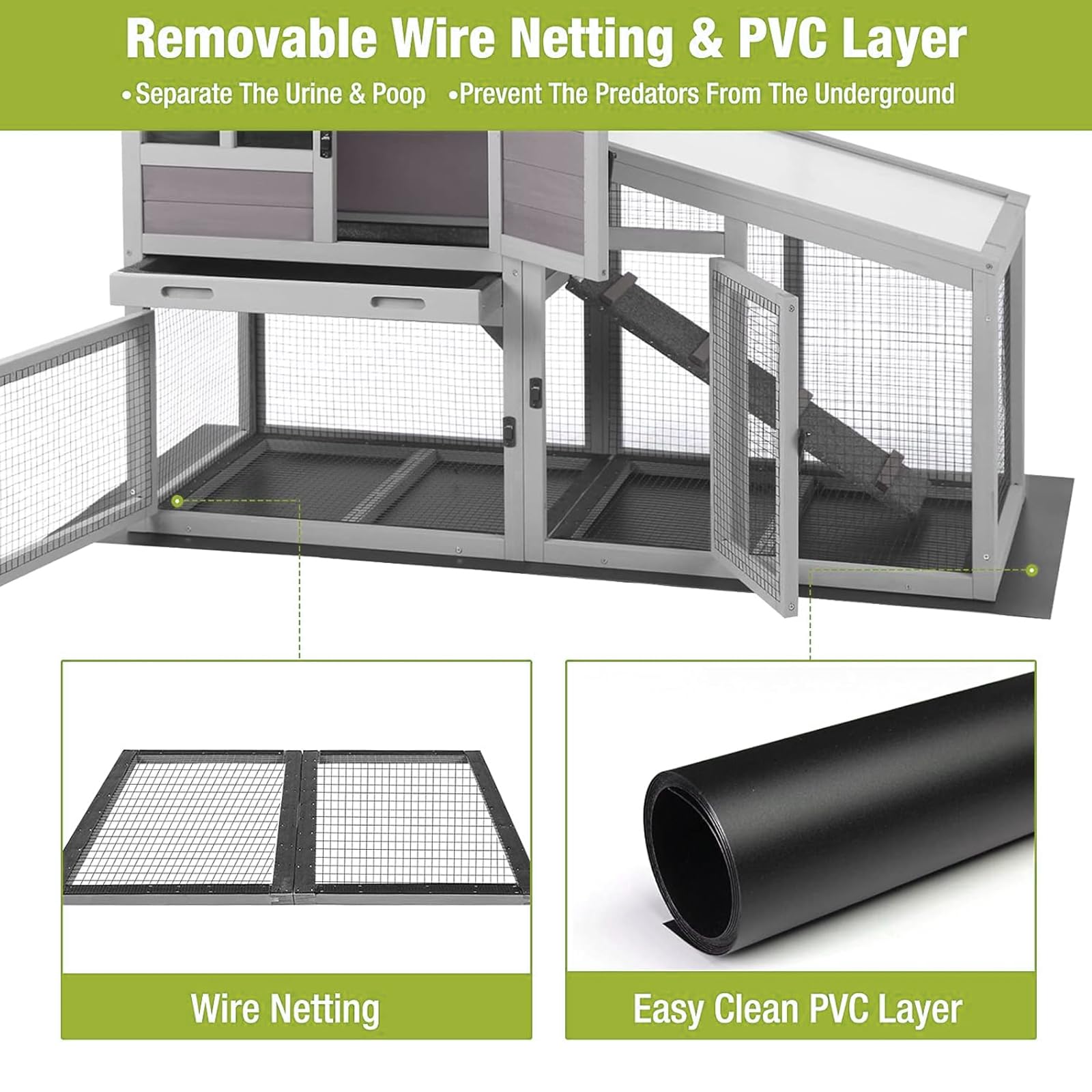 GUTINNEEN Chicken Coop with Run Outdoor Rabbit Hutch Indoor with Metal Floor Grid and PVC Leak-Proof Bottom, Wooden Small Bunny