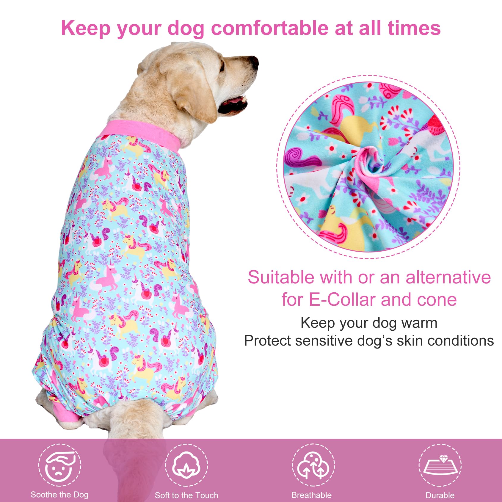 Lovinpet Pitbull Dog Pajamas,Large Dog Clothes Dog Pajamas, Wound Care/Post Surgery Dog Clothes, Lightweight Stretchy Dog Pajamas, Large Dog Shirt, Seafoam Unicorn Print, Large Breed Dog Pet Pj'S /3Xl