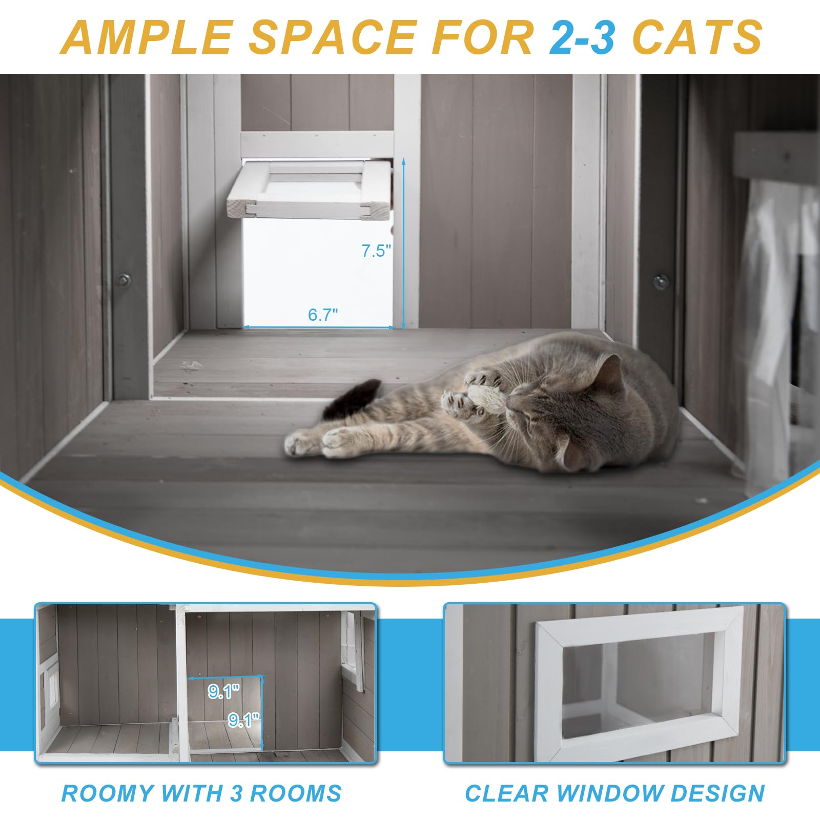 Ketive Feral Cat House Outdoor Cat Shelter Weatherproof Large Wooden 3-Rooms Stray Cat Shelter Indoor 2 Story Cat House For Fera