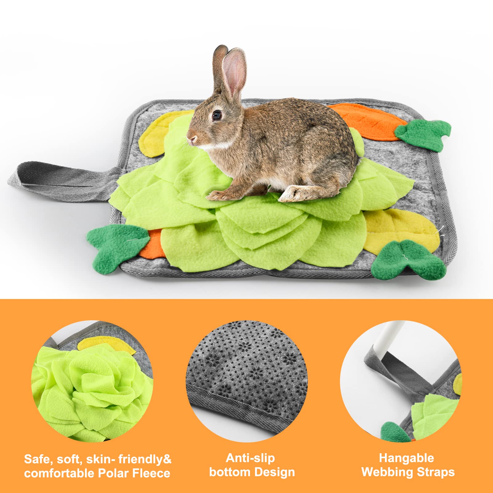 Loperdeve Rabbit Foraging Mat, Rabbit Toy 11.8''X11.8'' Rabbits Snuffle Mat Machine Washable Polar Fleece Funny Interactive Nose