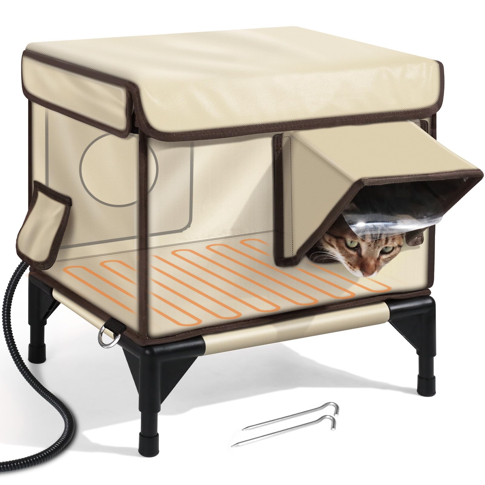 Heated Cat House For Outdoor Cat In Winter, Safe Escape Door & Waterproof & Insulated, Weatherproof Heated Cat Bed Kitty Shelter