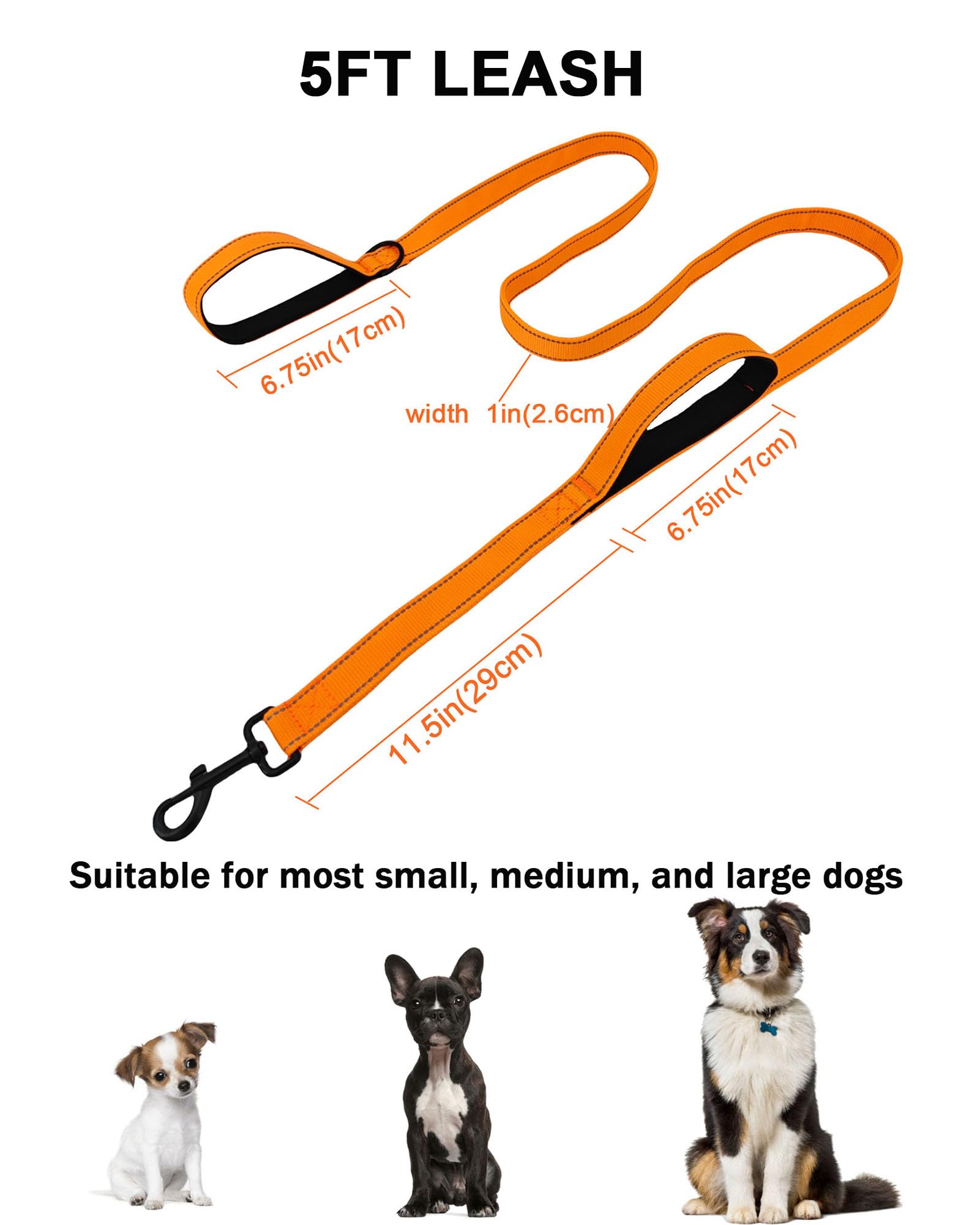 Aeclleca Soft Handle Reflective Black Dog Leash With 2 Padded Handles, 5Ft Heavy Duty Pet Lead For Medium & Large Dogs, Comforta