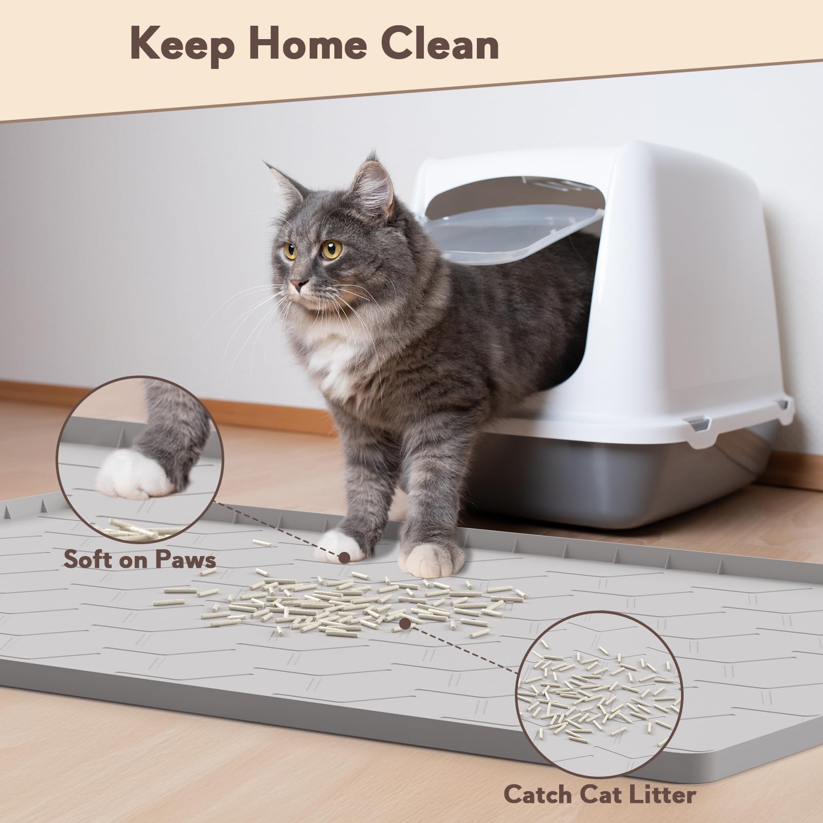 Garoopion Cat Mat For Litter Box, Large 34'' X 22'' Cat Litter Mat, Waterproof Silicone Pad For Floor, Gray