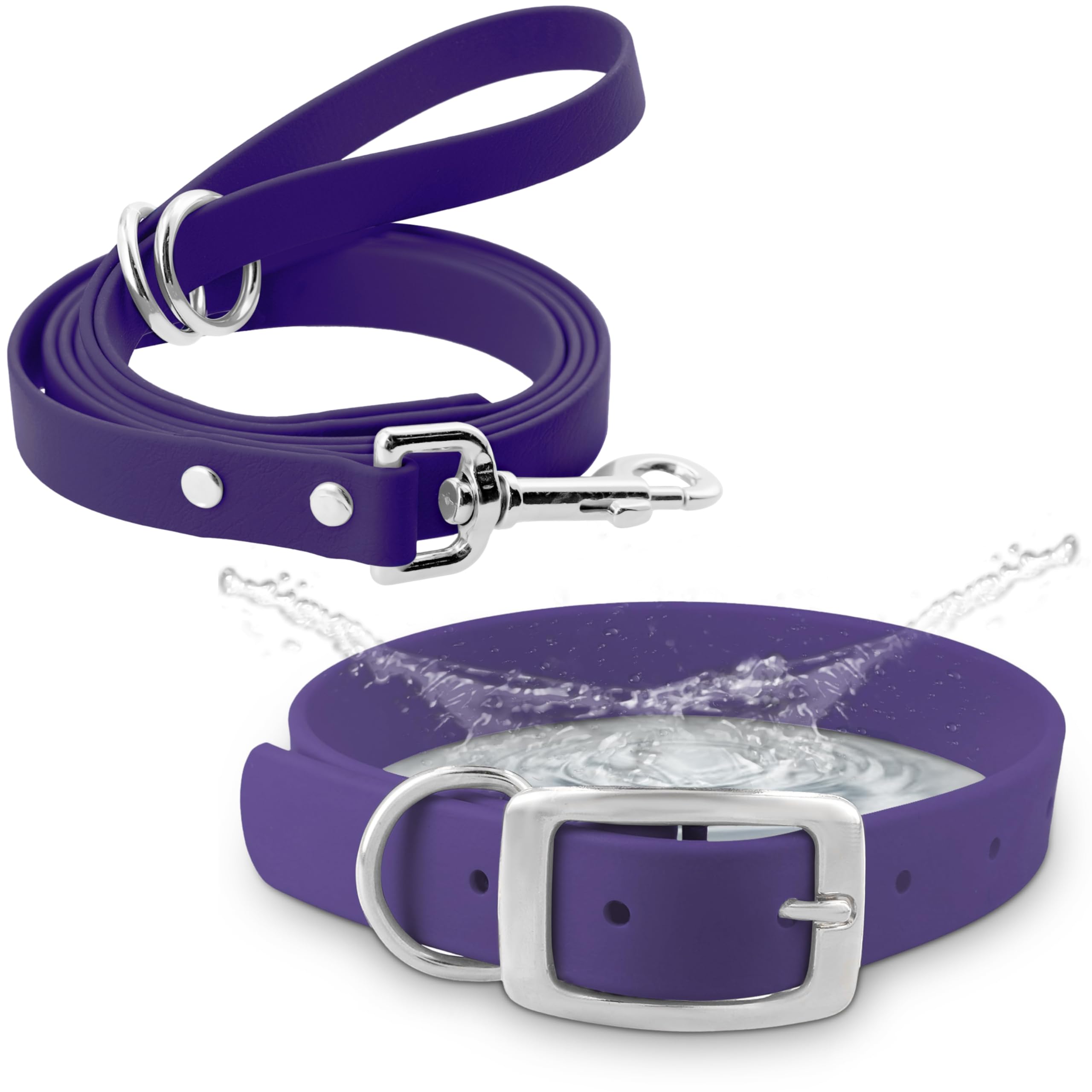 Regal Dog Products Small Purple Waterproof Dog Collar and Leash Set | Heavy Duty Double Buckle & D Ring - 5'ft Leash | Adjustabl