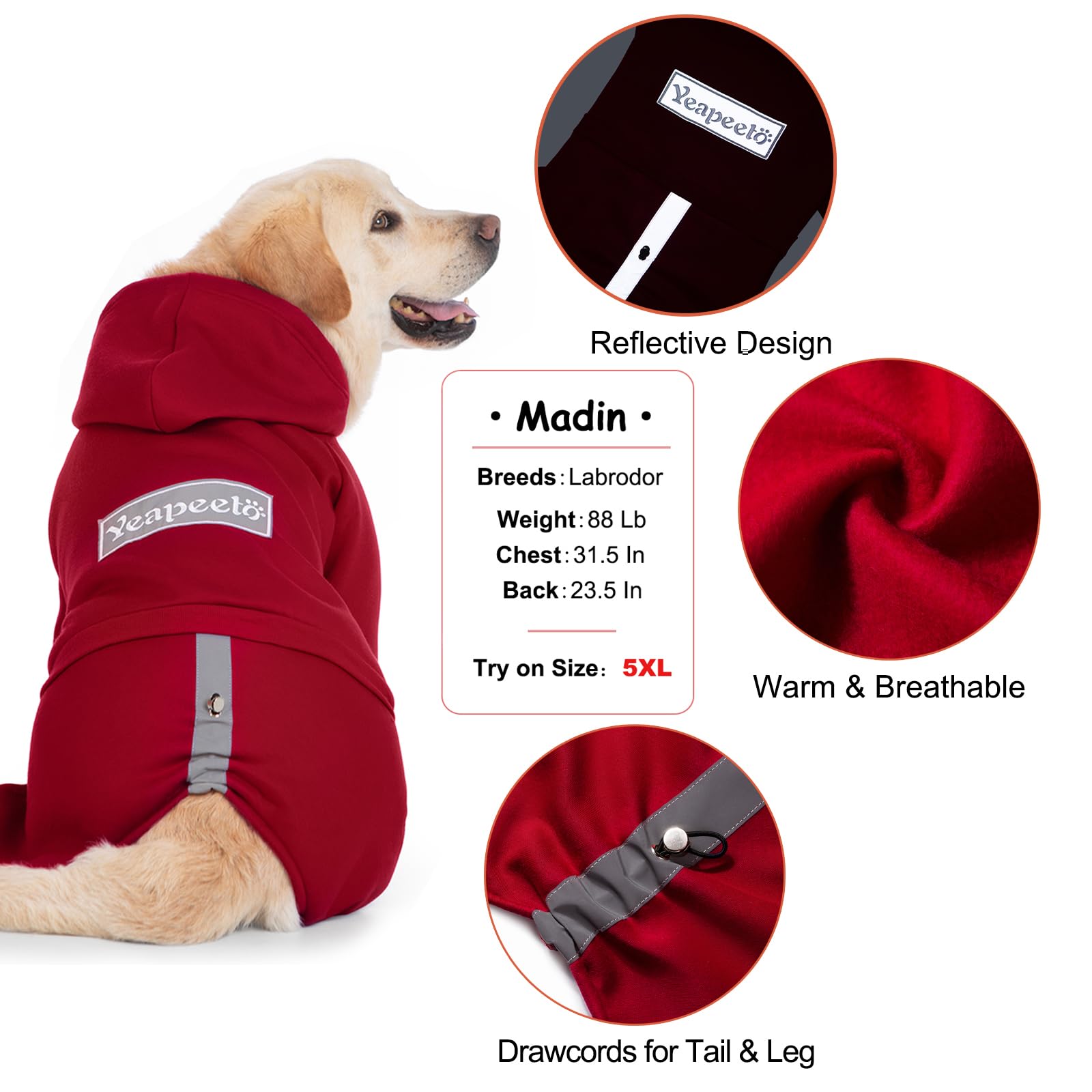 Winter Hooded Sweatshirt For Large Medium Dogs - Pullover 4 Legs Warm Coat, Fleece Hoodie For Cold Weather (Red, 2X-Large)