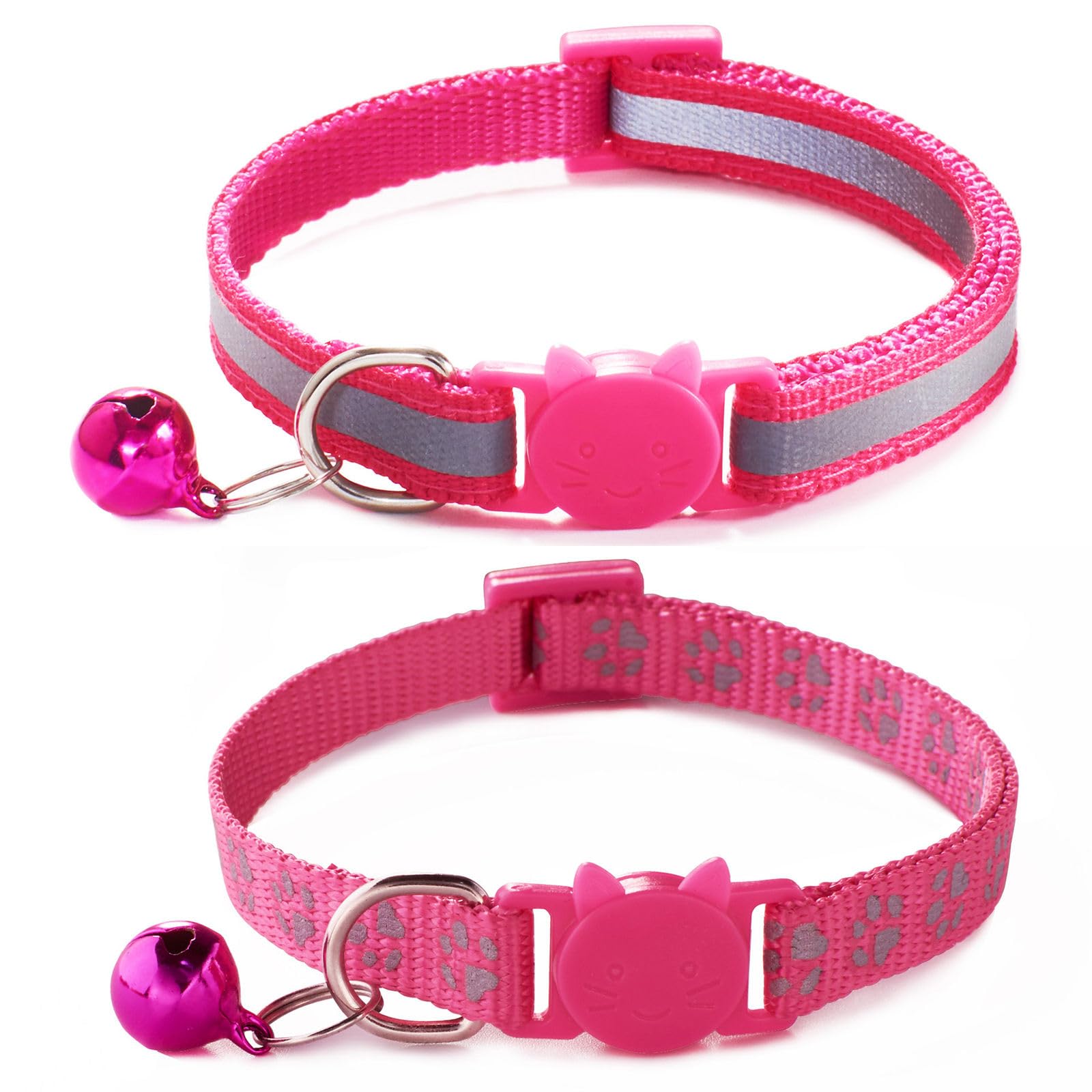 Reflective Cat Collar With Bells, [2 Pack] Hot Pink Break Away Kitten Collar With Bells, Breakaway Cat Collar For Girl Cats Kitt