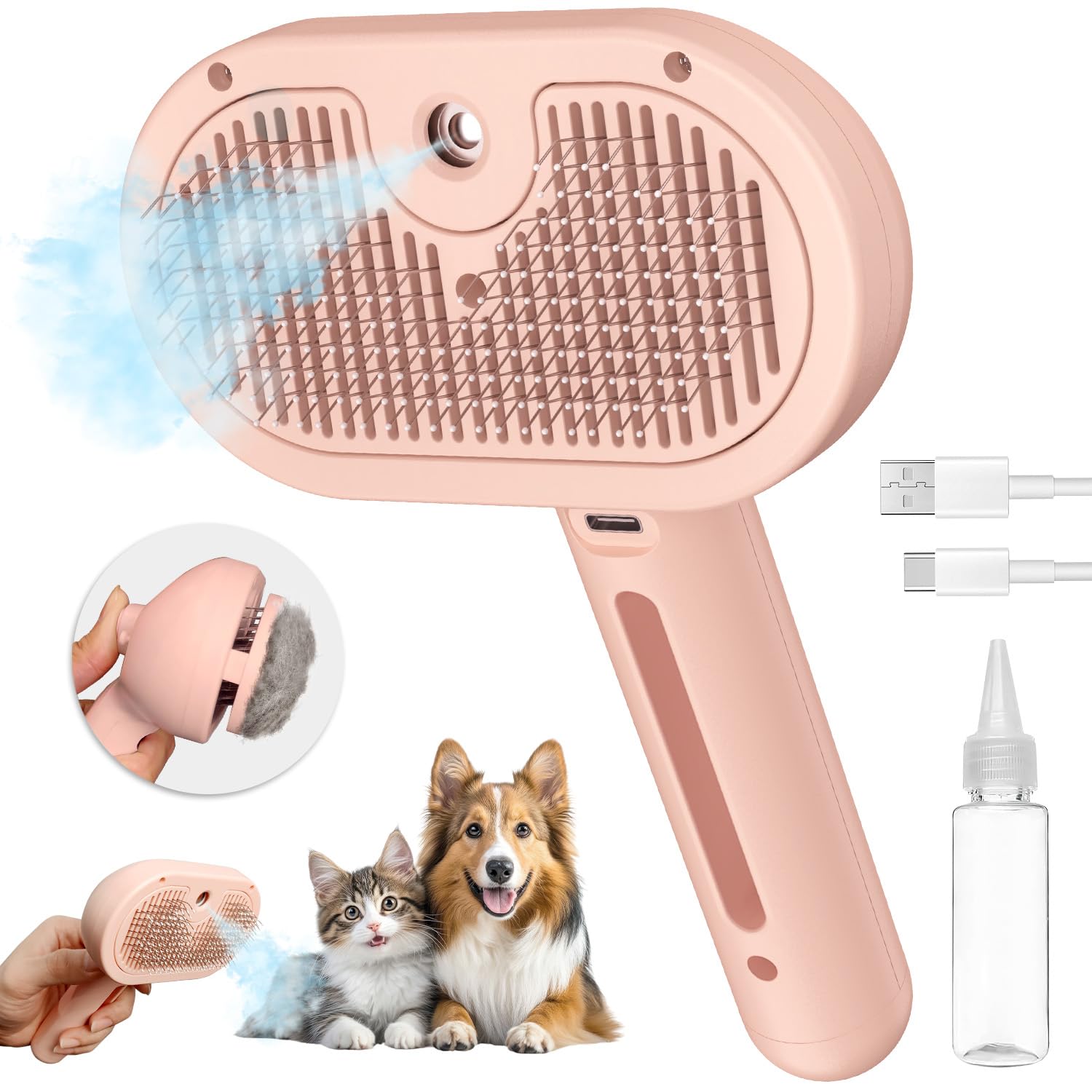 Pecait 3-in-1 Steam Brush with Release Button and Tank, Anti-Static Pet Brush for Long and Short Hair - Removes Tangles and Loos