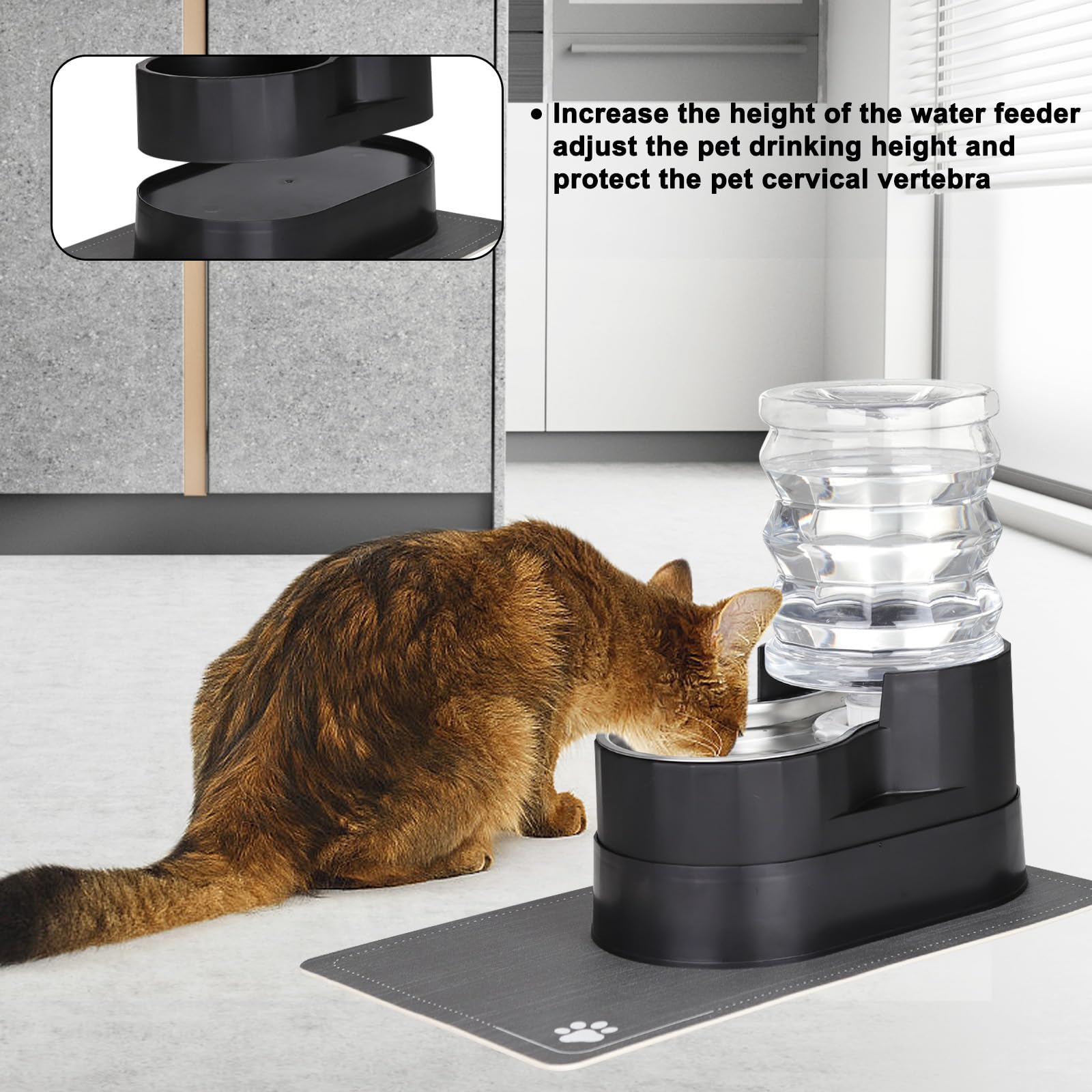 RIZZARI Automatic Cat Water Dispenser: Black 5L Elevated Feeder with Specialized Brush and Triple Filtration - Stainless Steel G