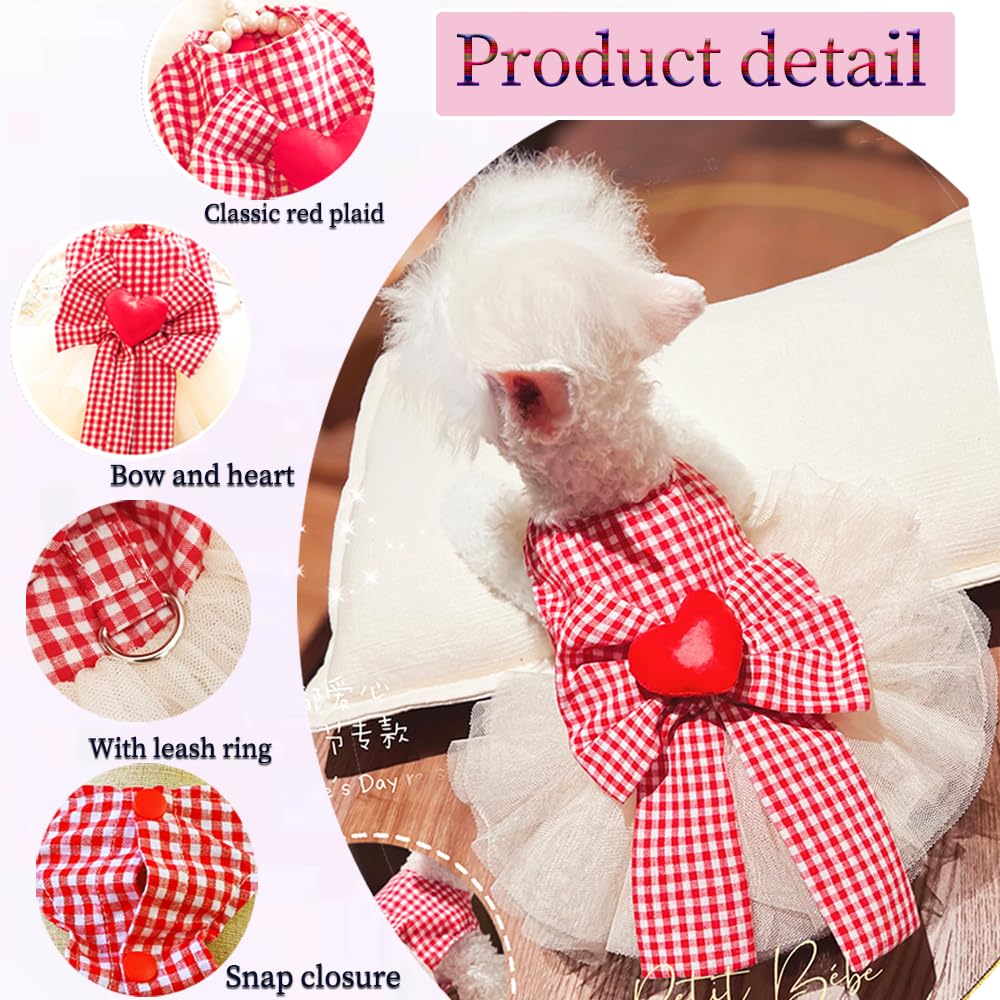 Anelekor Plaid Small Dog Dress With Leash Ring Valentines Cat Outfit Dog Tutu Princess Holiday Puppy Clothes With Bow Knot And H